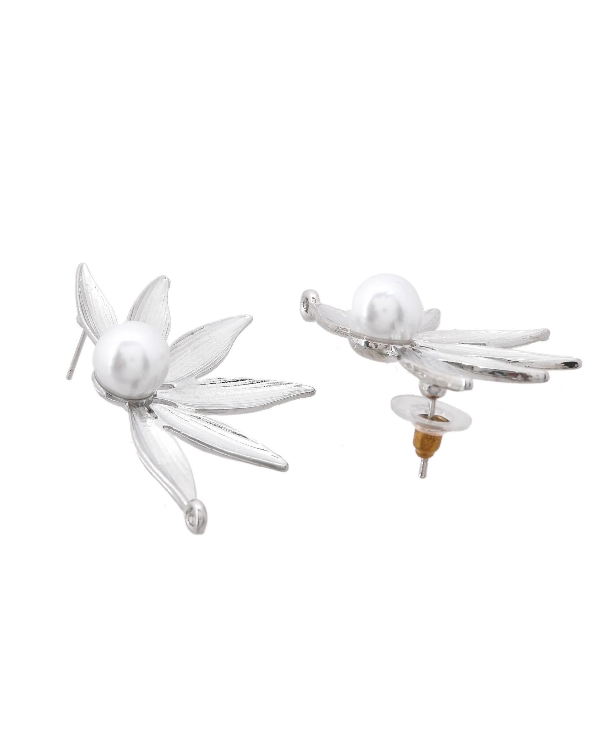 VOJ Silver Plated Stainless Steel Pearl Flower Shaped Studs - Swadesiicart