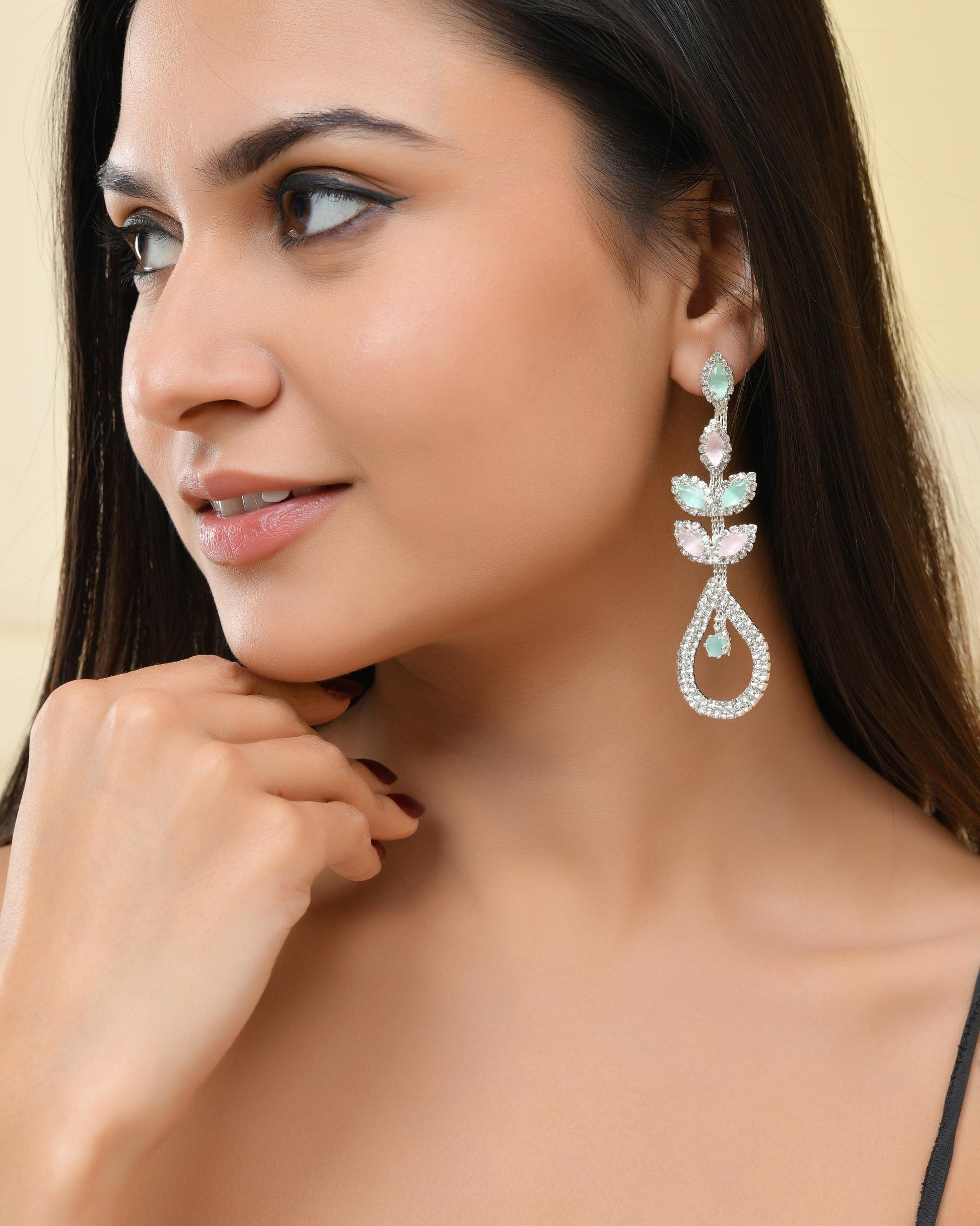VOJ Silver-Toned Mind Green And Pink Teardrop Shaped Drop Earrings - Swadesiicart