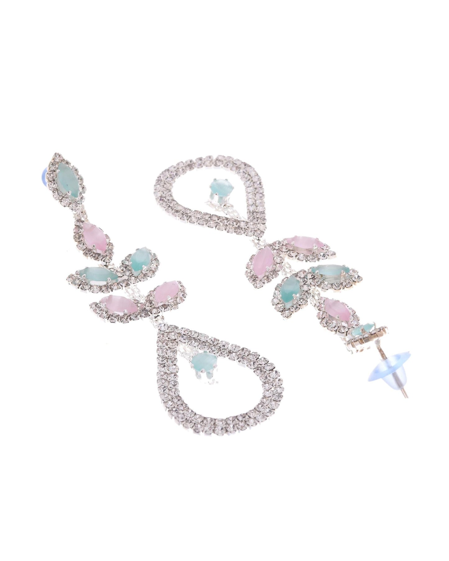 VOJ Silver-Toned Mind Green And Pink Teardrop Shaped Drop Earrings - Swadesiicart