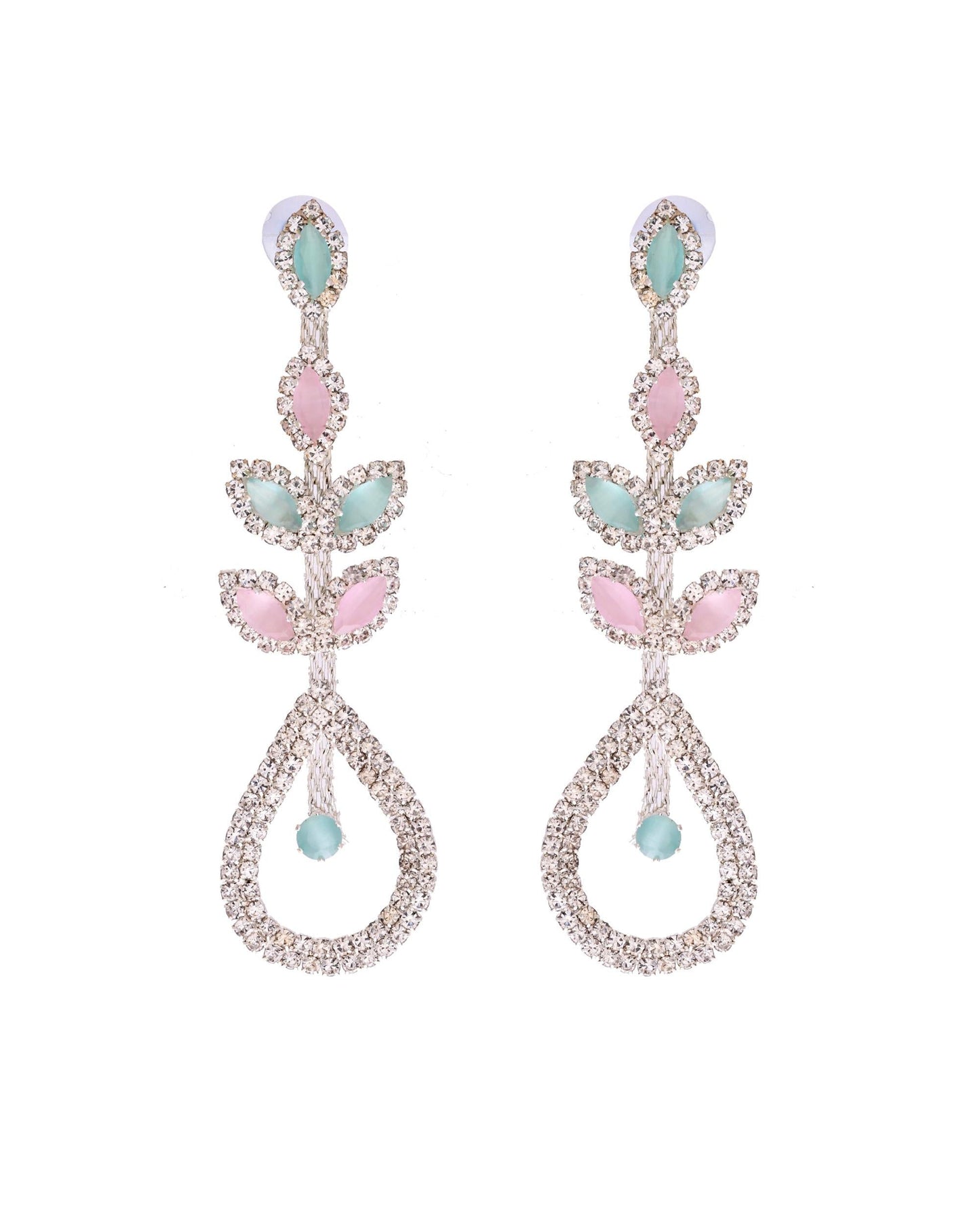 VOJ Silver-Toned Mind Green And Pink Teardrop Shaped Drop Earrings - Swadesiicart