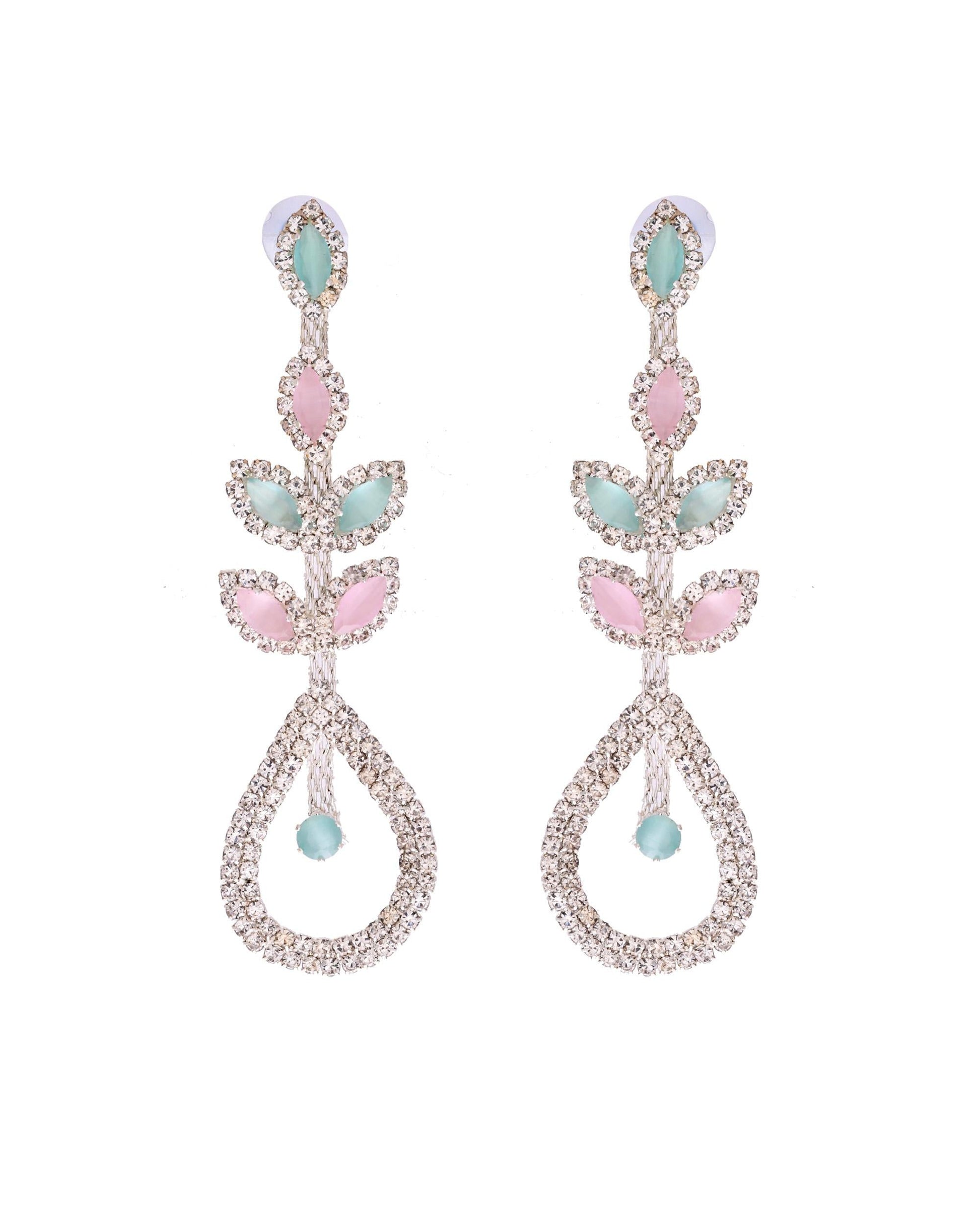VOJ Silver-Toned Mind Green And Pink Teardrop Shaped Drop Earrings - Swadesiicart