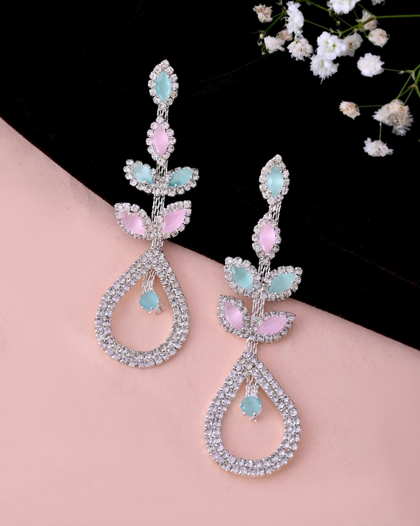 VOJ Silver-Toned Mind Green And Pink Teardrop Shaped Drop Earrings - Swadesiicart