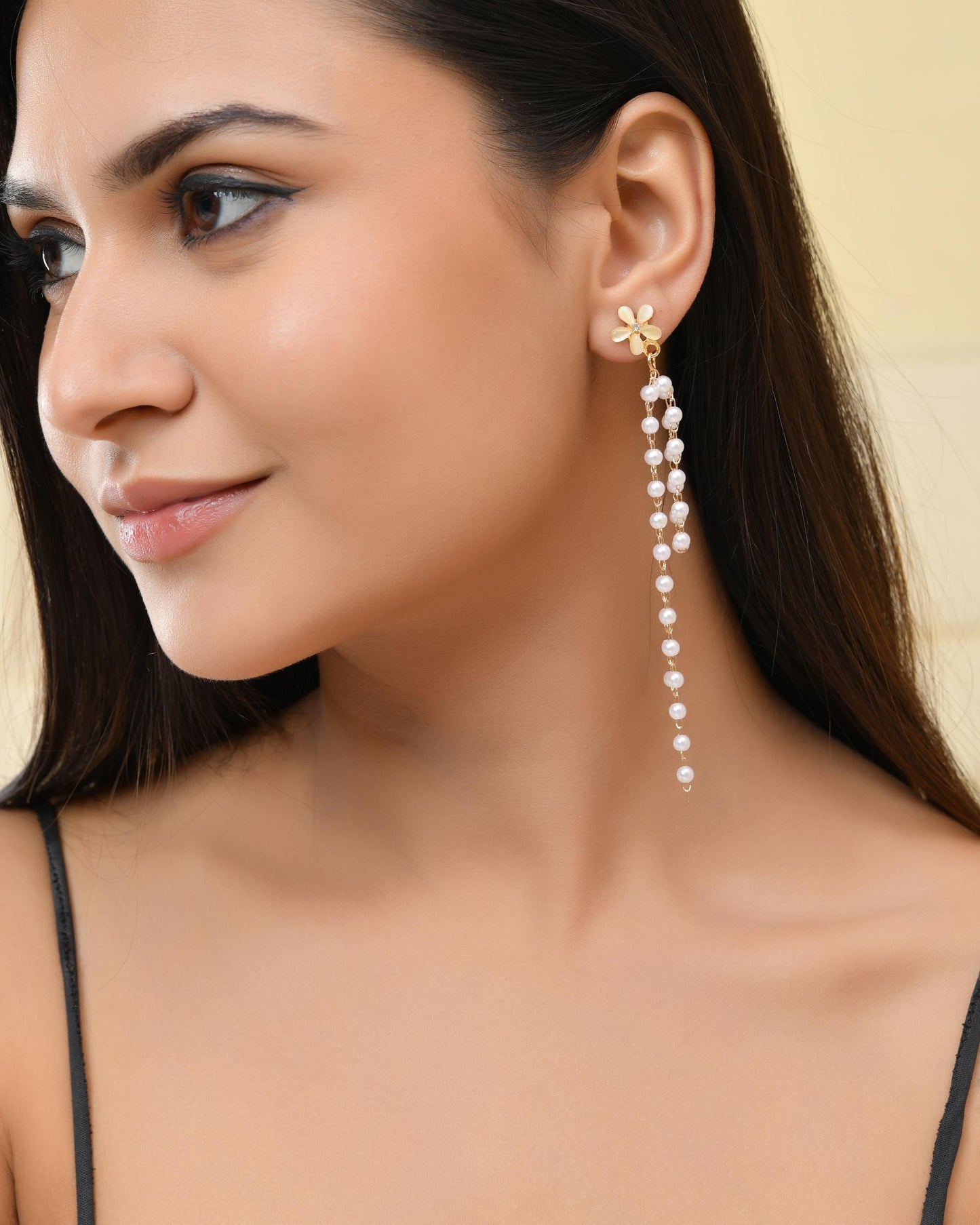 VOJ Gold-Polished Flower Stone Studded & Beaded Acrylic Drop Earrings - Swadesiicart