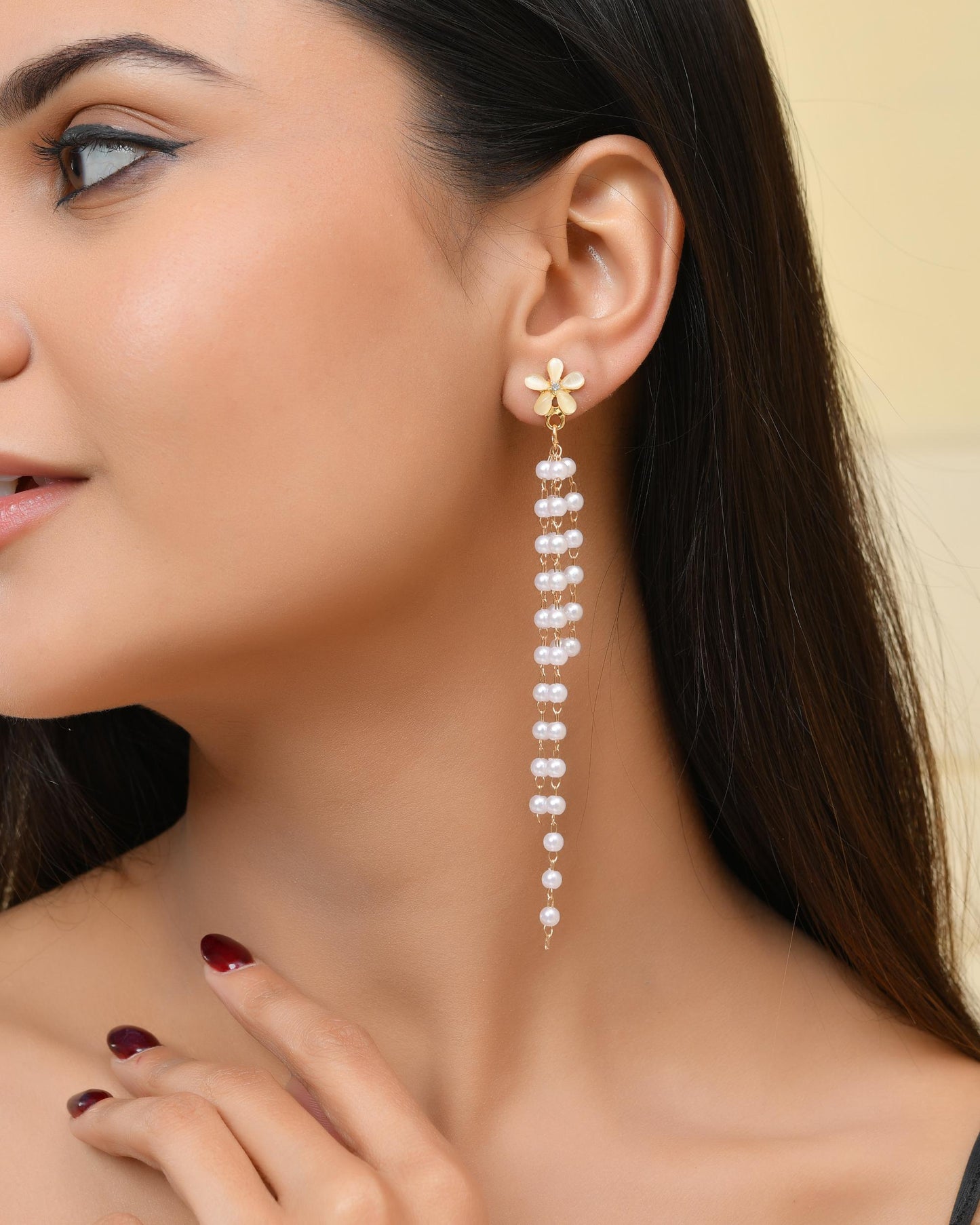 VOJ Gold-Polished Flower Stone Studded & Beaded Acrylic Drop Earrings - Swadesiicart