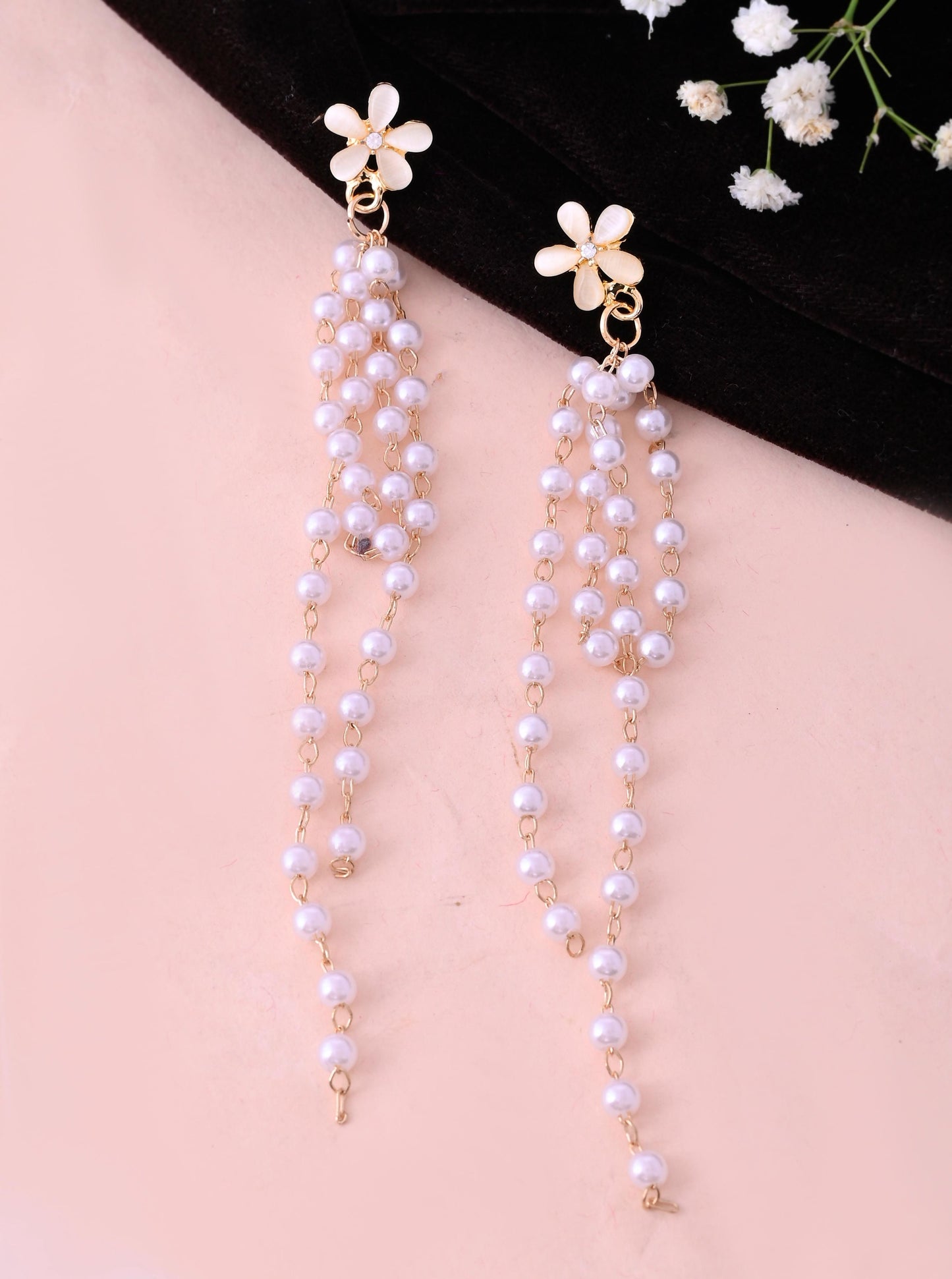 VOJ Gold-Polished Flower Stone Studded & Beaded Acrylic Drop Earrings - Swadesiicart