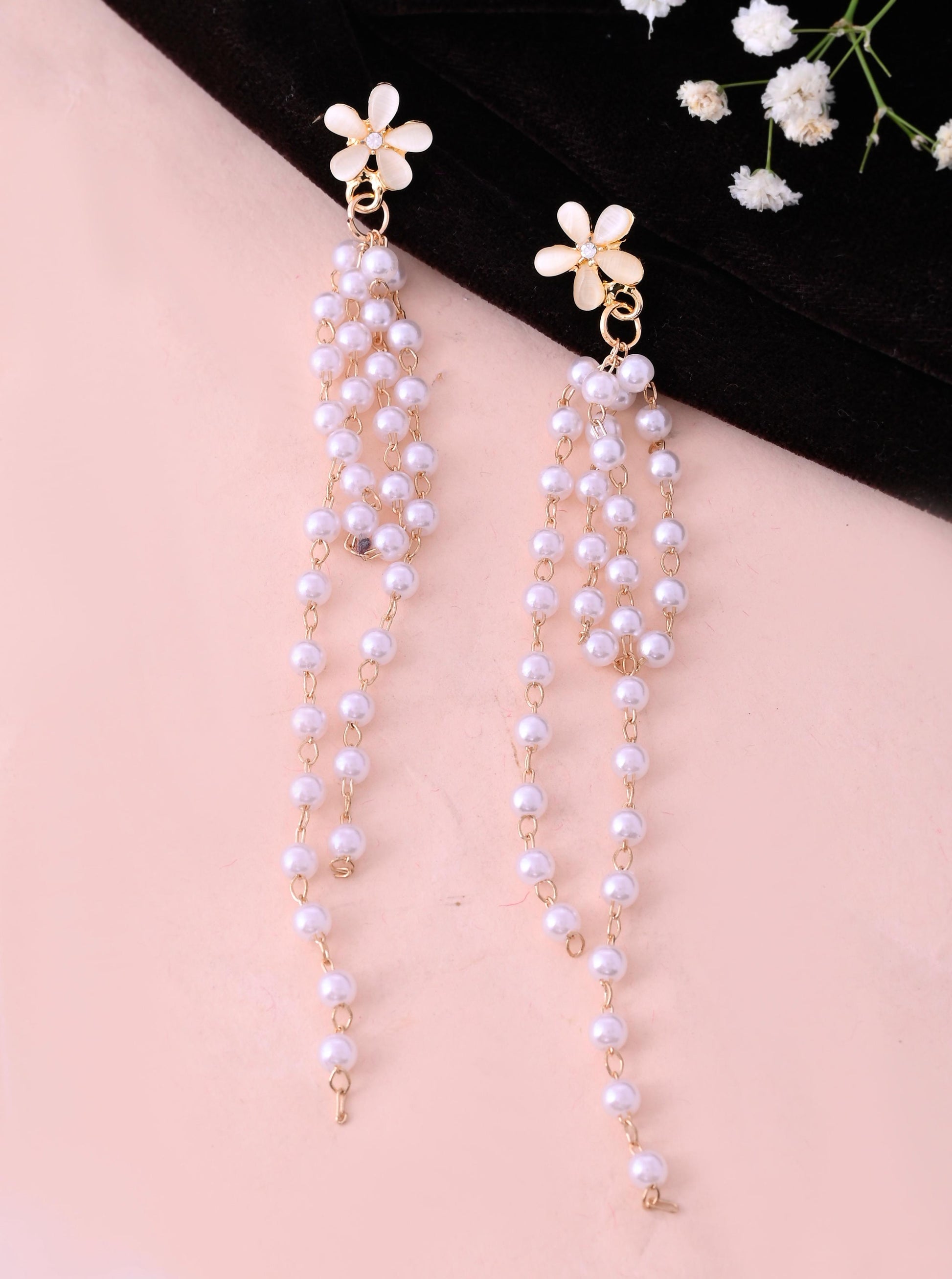 VOJ Gold-Polished Flower Stone Studded & Beaded Acrylic Drop Earrings - Swadesiicart