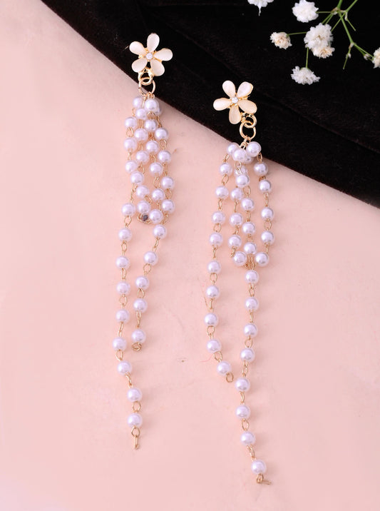 VOJ Gold-Polished Flower Stone Studded & Beaded Acrylic Drop Earrings - Swadesiicart