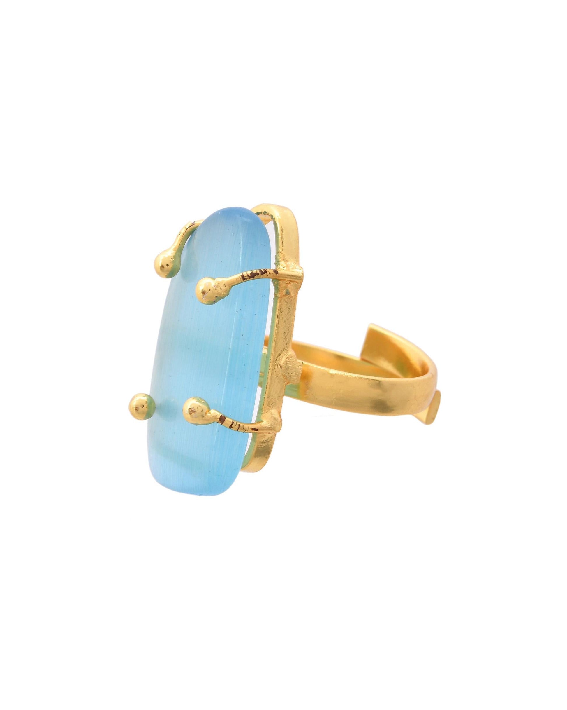 VOJ Gold-Polished Light Blue Stone Studded Ring | Swadesiicart
