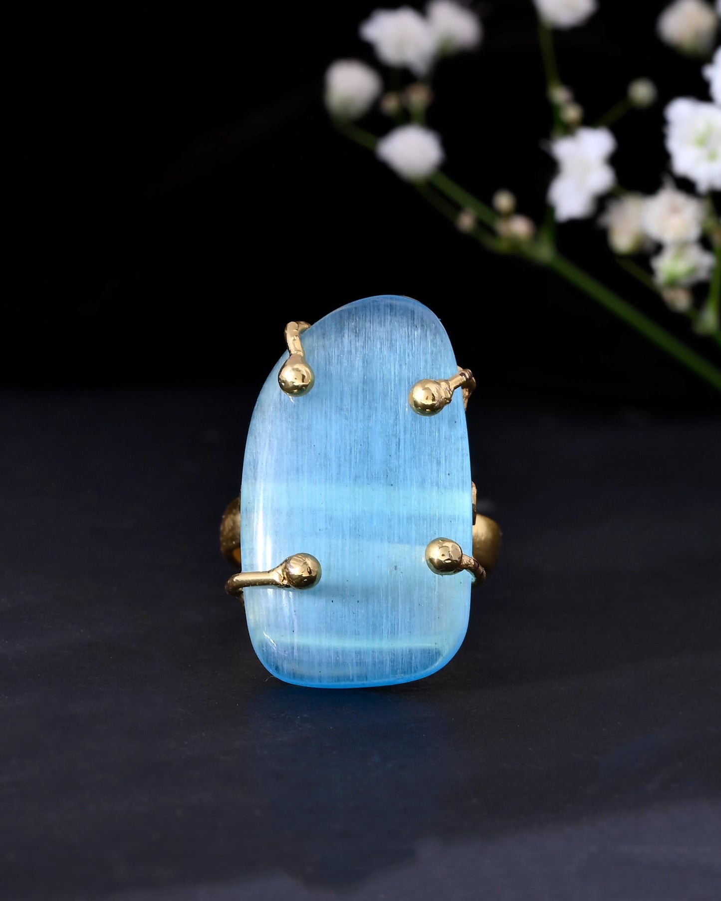 VOJ Gold-Polished Light Blue Stone Studded Ring | Swadesiicart
