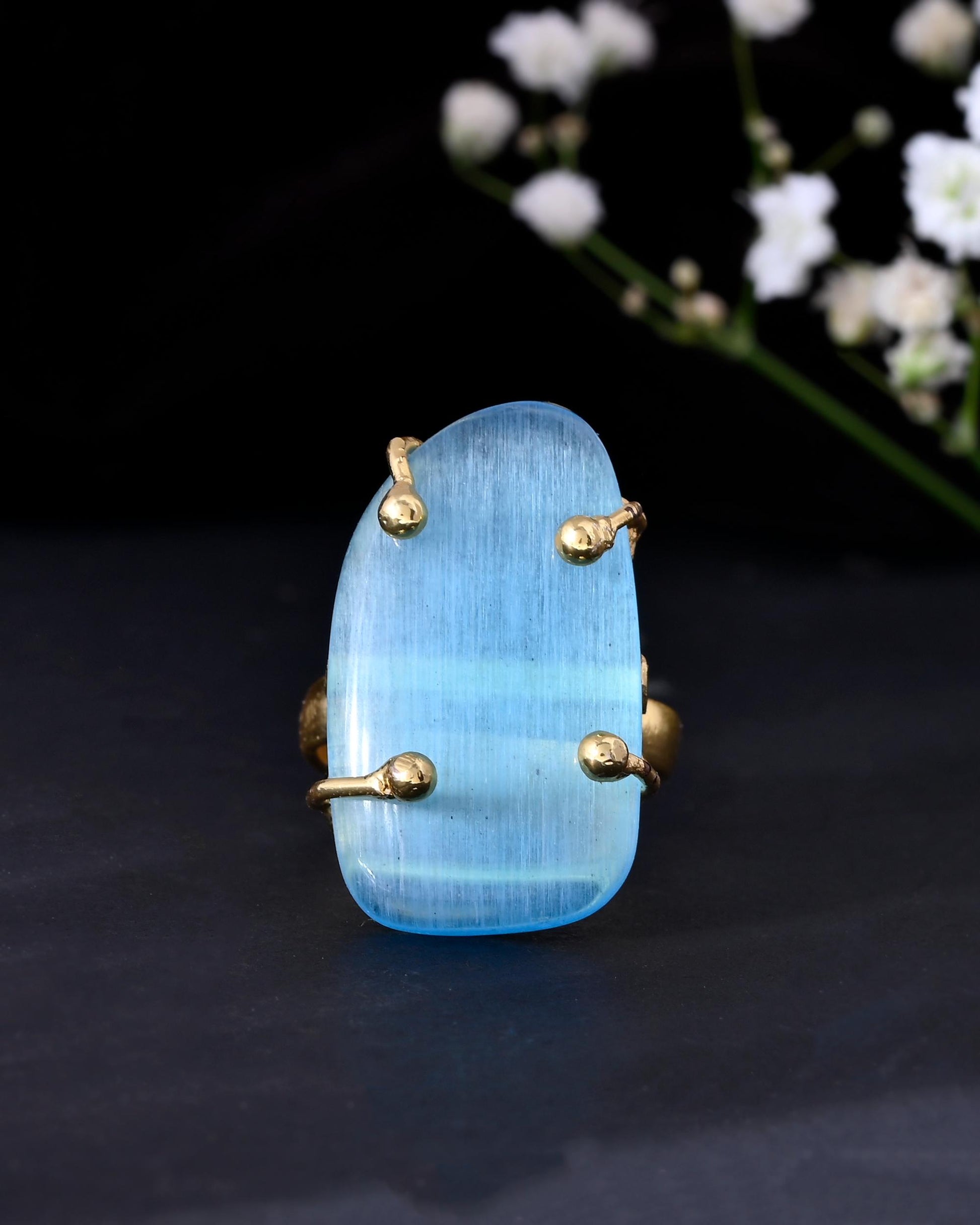 VOJ Gold-Polished Light Blue Stone Studded Ring | Swadesiicart
