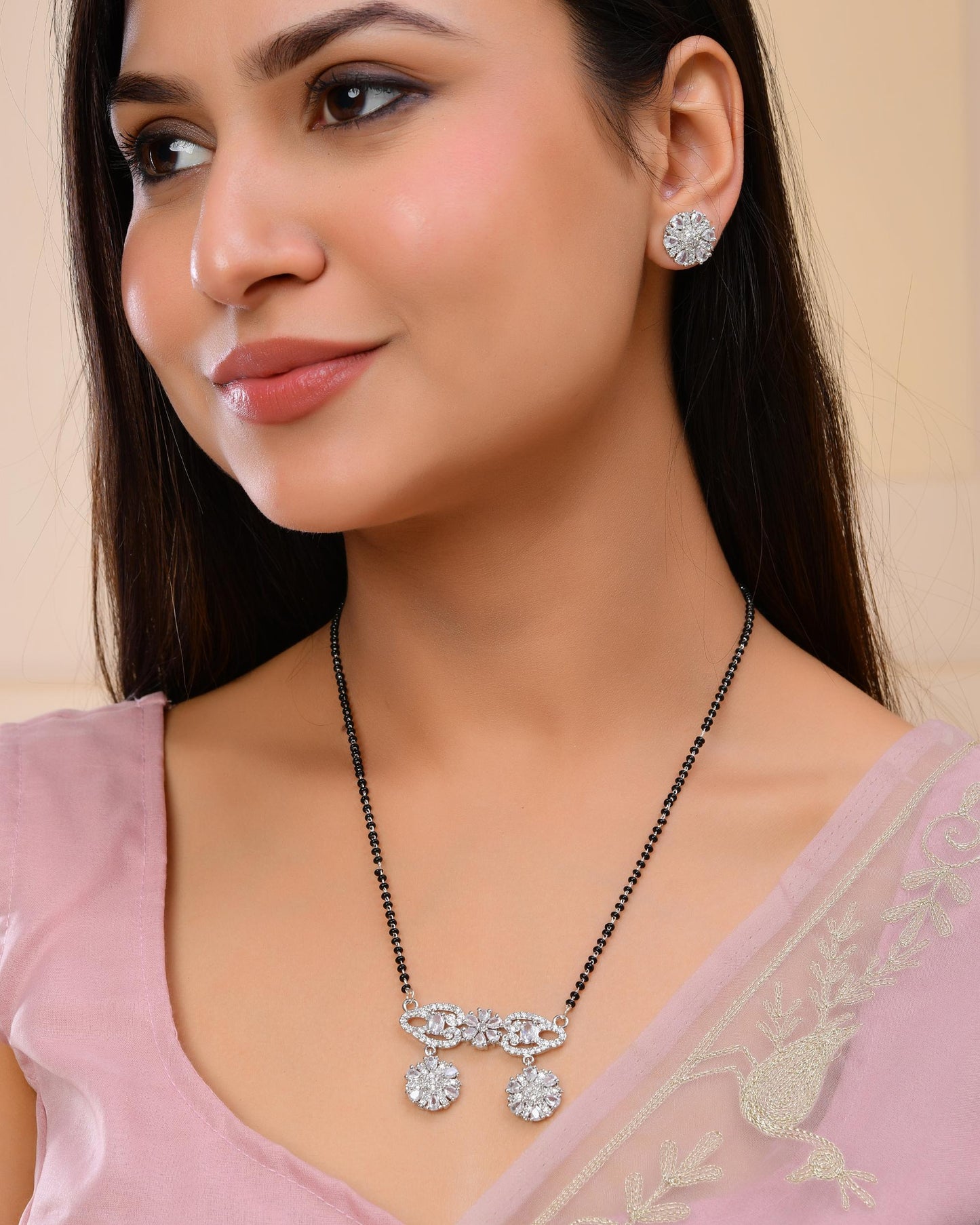 VOJ Silver Plated Ad Stone Studded Designer Mangalsutra Set - Swadesiicart