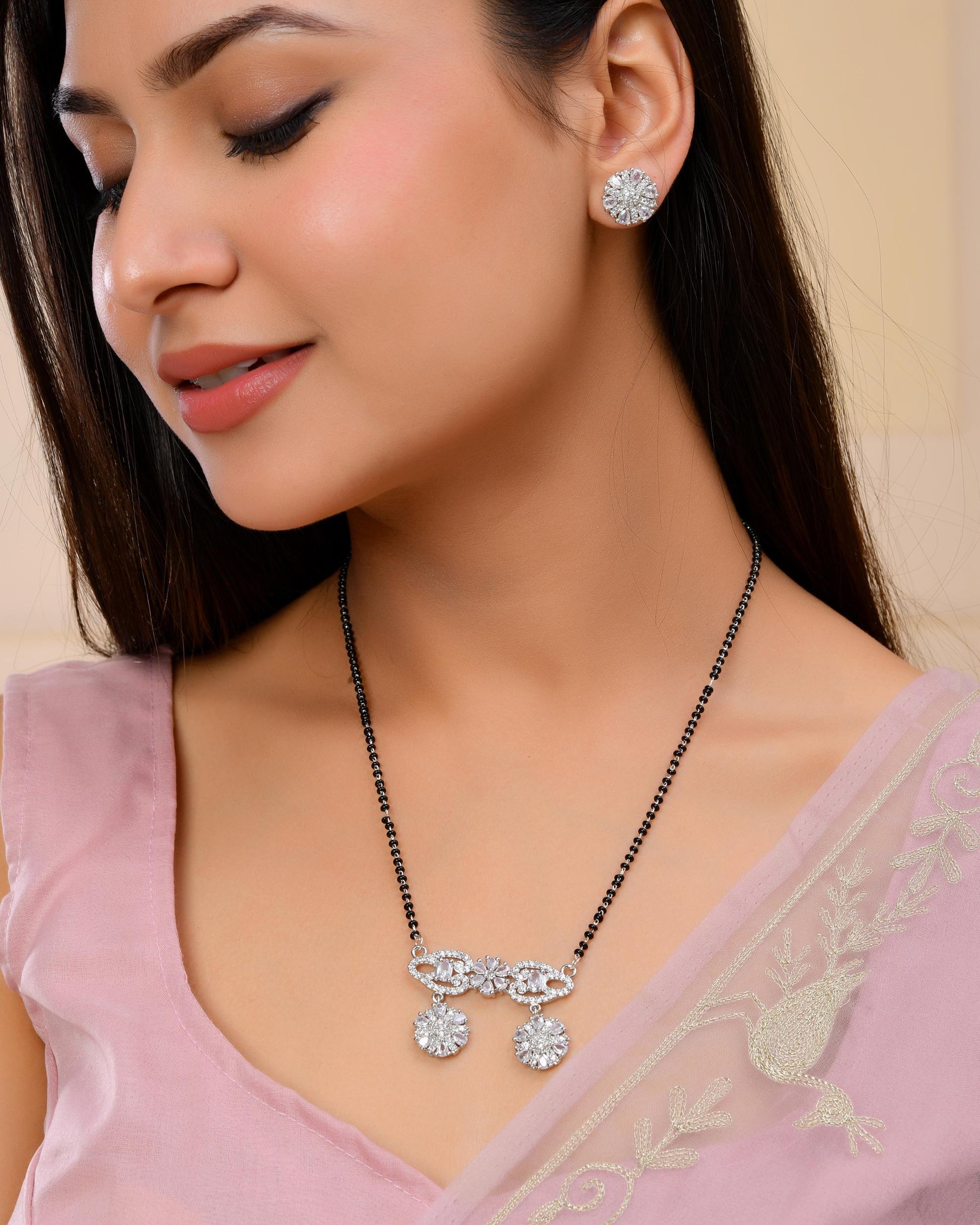VOJ Silver Plated Ad Stone Studded Designer Mangalsutra Set - Swadesiicart