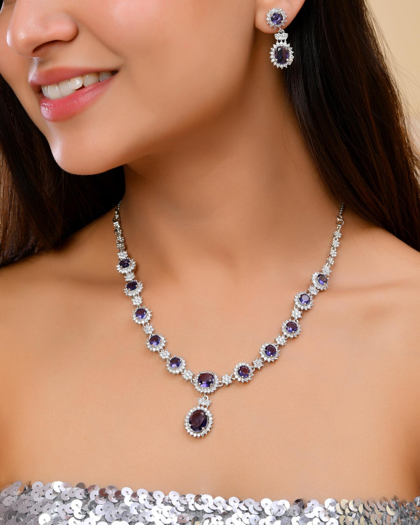 VOJ Silver Plated Blue Ad Stone Studded Jewellery Set - Swadesiicart