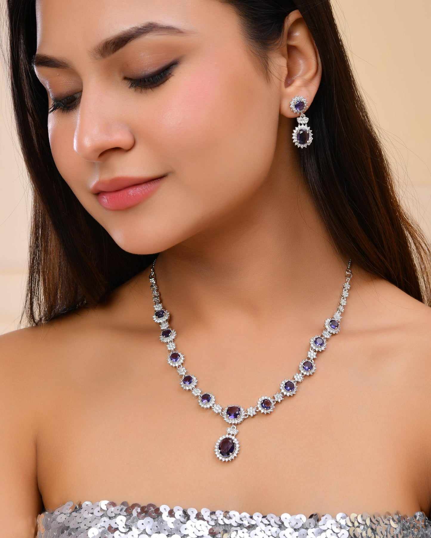 VOJ Silver Plated Blue Ad Stone Studded Jewellery Set - Swadesiicart