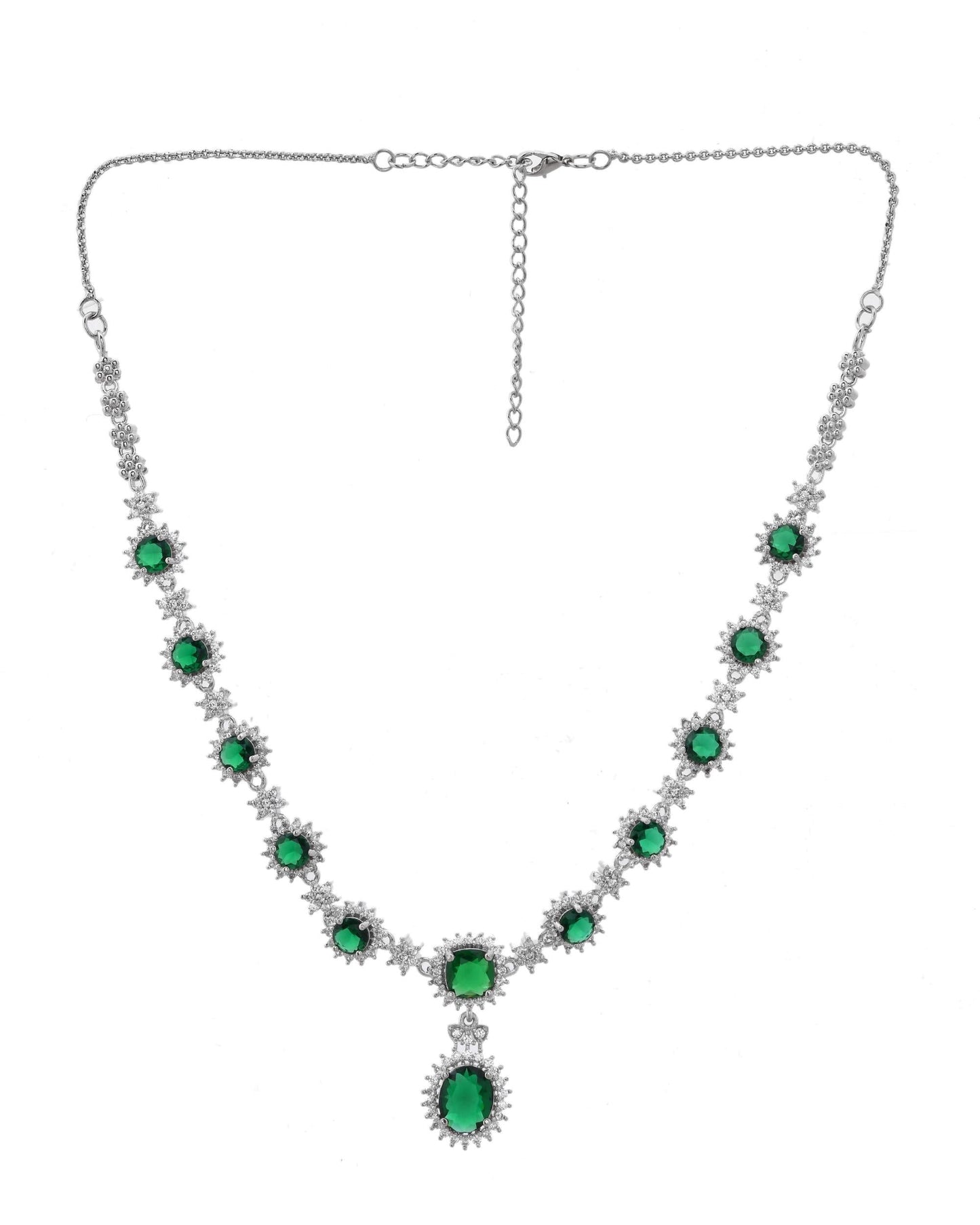 VOJ Silver Plated Green Ad Stone Studded Necklace With Earrings Set - Swadesiicart