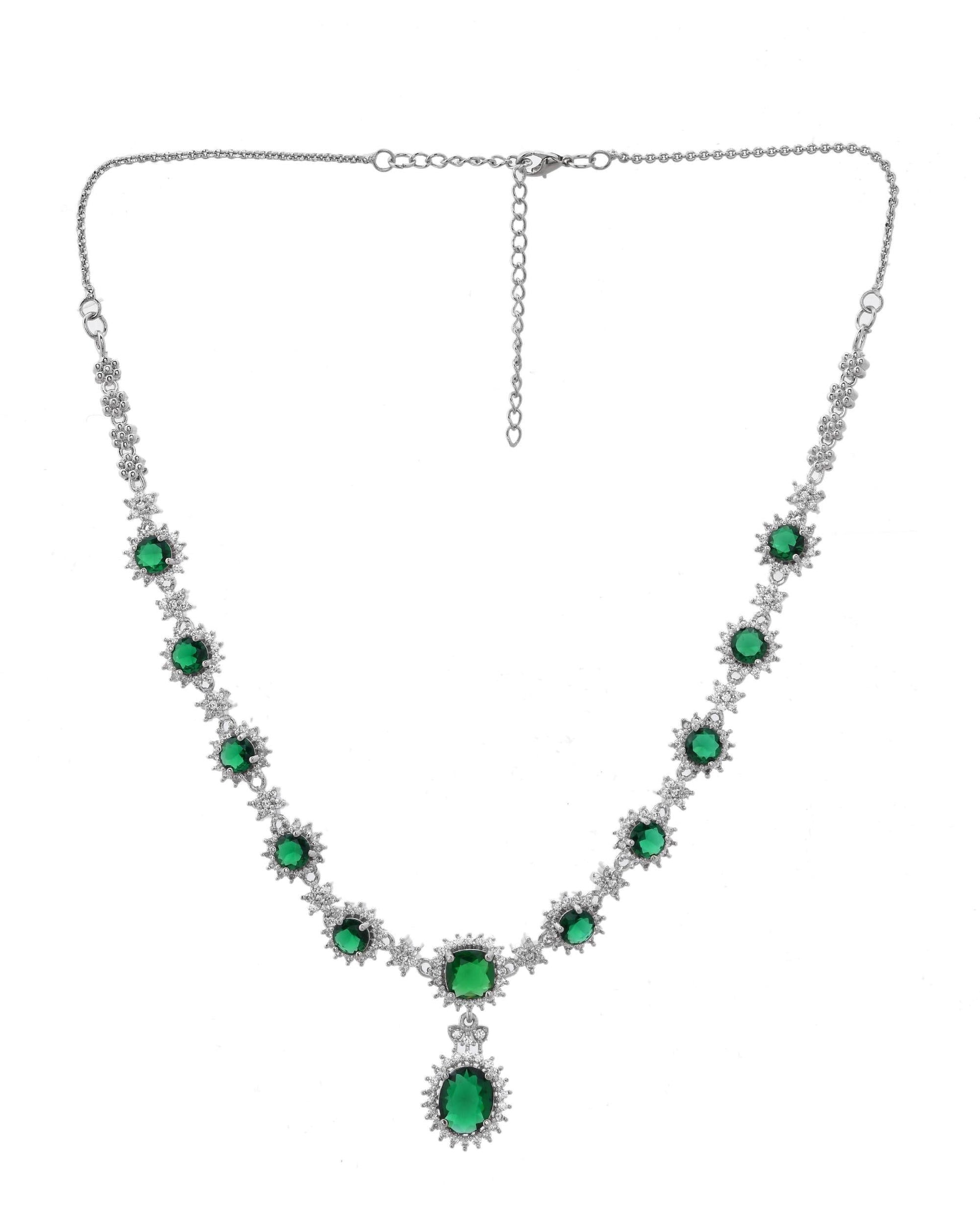 VOJ Silver Plated Green Ad Stone Studded Necklace With Earrings Set - Swadesiicart