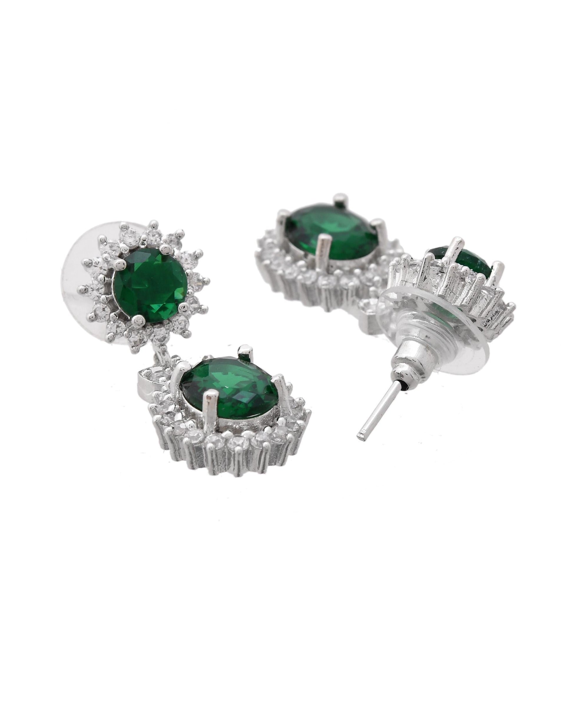 VOJ Silver Plated Green Ad Stone Studded Necklace With Earrings Set - Swadesiicart