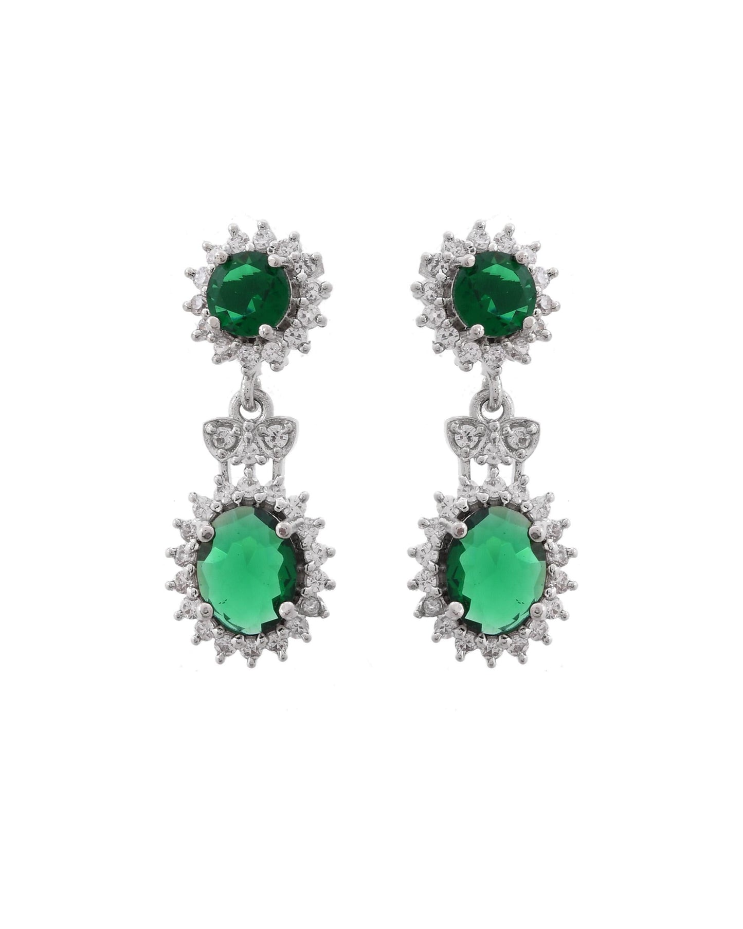 VOJ Silver Plated Green Ad Stone Studded Necklace With Earrings Set - Swadesiicart