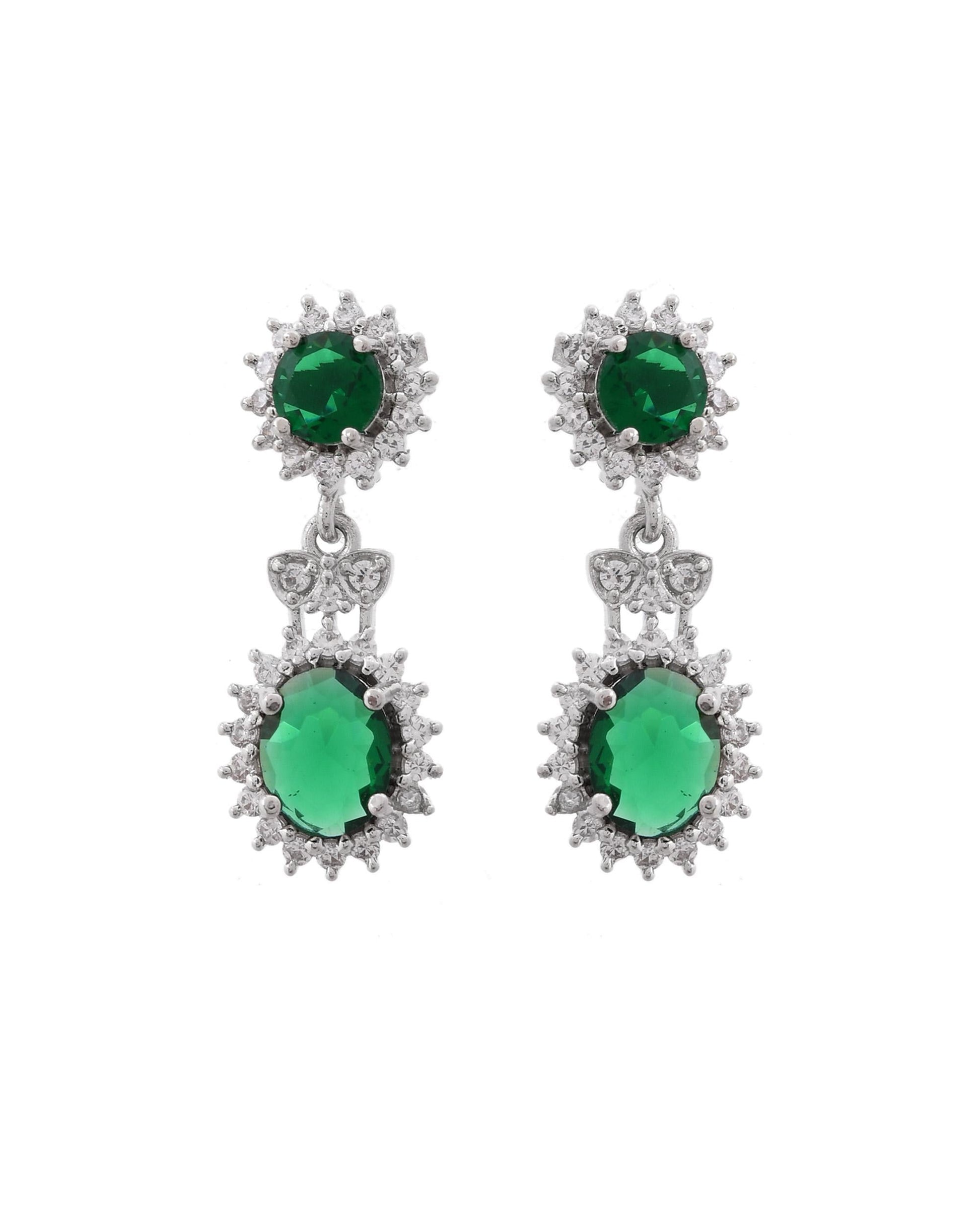 VOJ Silver Plated Green Ad Stone Studded Necklace With Earrings Set - Swadesiicart