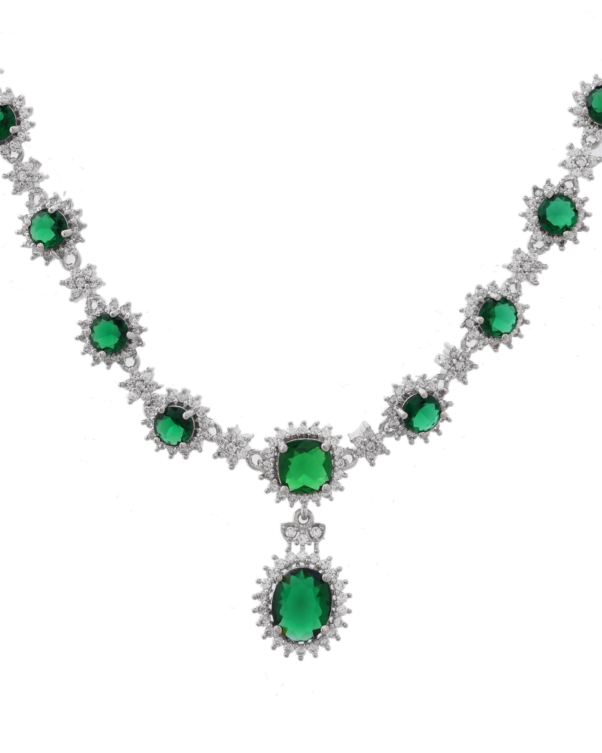 VOJ Silver Plated Green Ad Stone Studded Necklace With Earrings Set - Swadesiicart