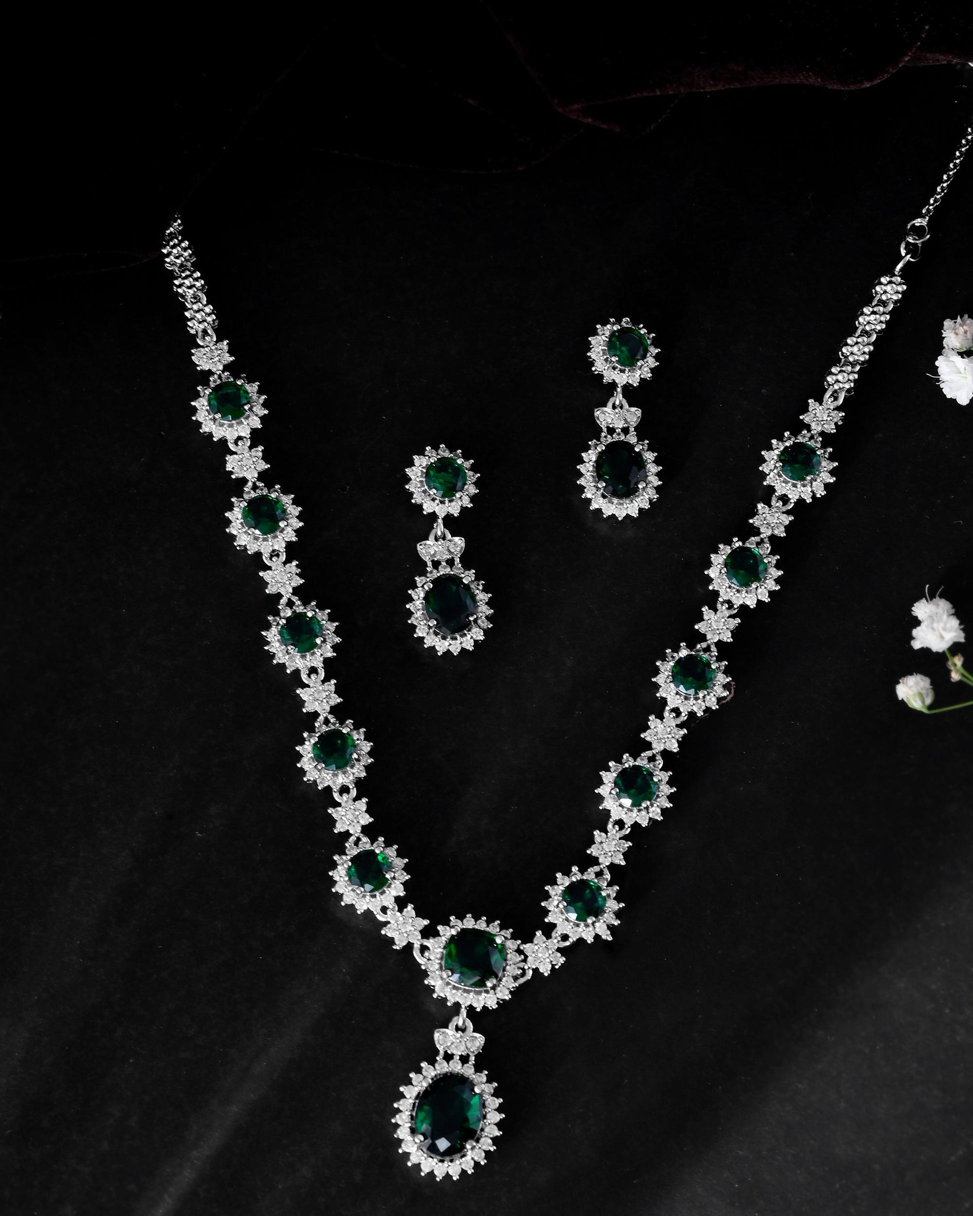 VOJ Silver Plated Green Ad Stone Studded Necklace With Earrings Set - Swadesiicart