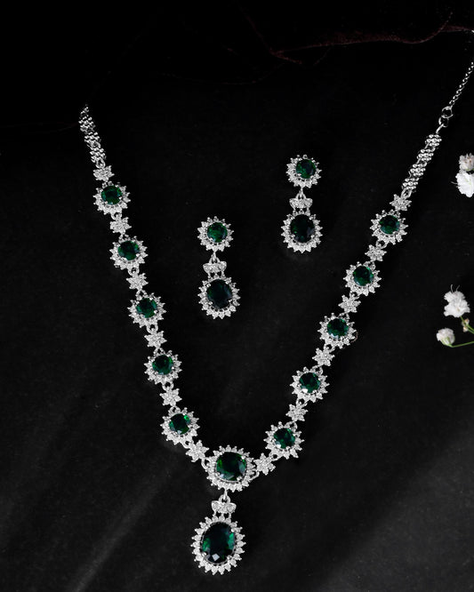 VOJ Silver Plated Green Ad Stone Studded Necklace With Earrings Set - Swadesiicart
