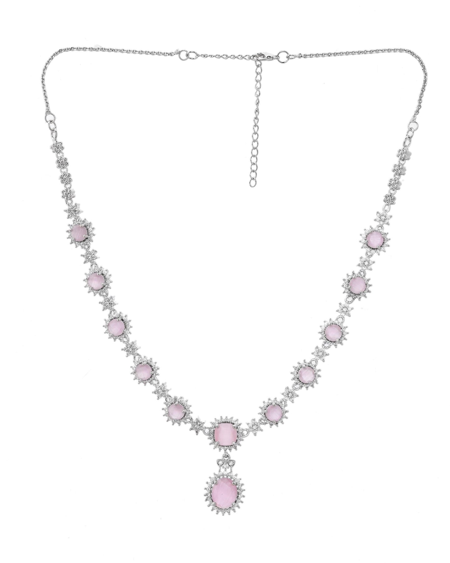 VOJ Baby Pink Ad Stone Studded Silver Plated Jewellery Set - Swadesiicart