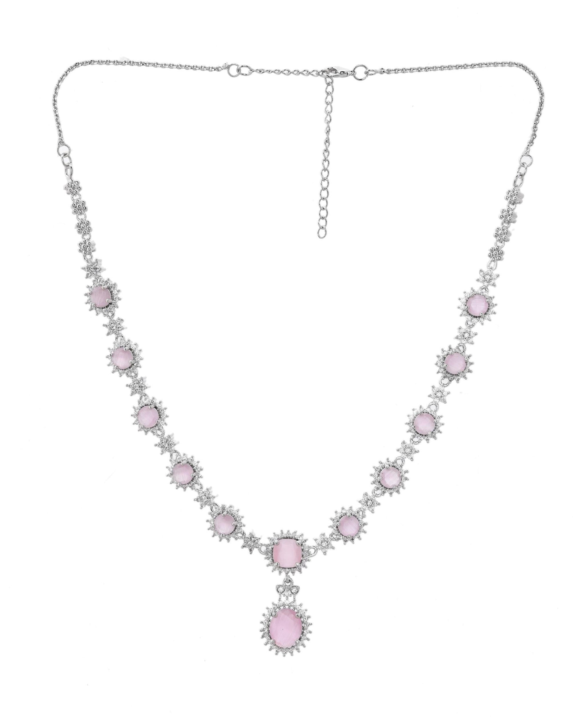 VOJ Baby Pink Ad Stone Studded Silver Plated Jewellery Set - Swadesiicart