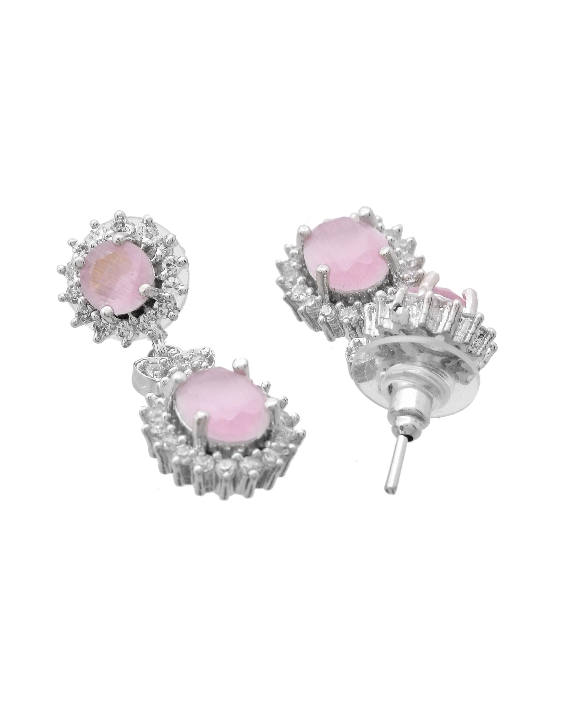 VOJ Baby Pink Ad Stone Studded Silver Plated Jewellery Set - Swadesiicart