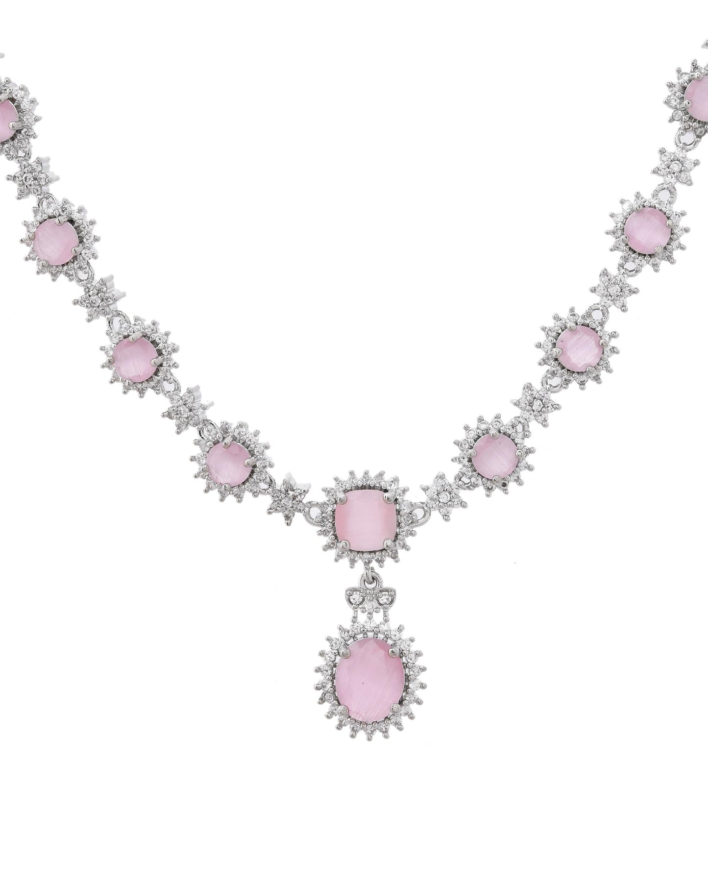 VOJ Baby Pink Ad Stone Studded Silver Plated Jewellery Set - Swadesiicart