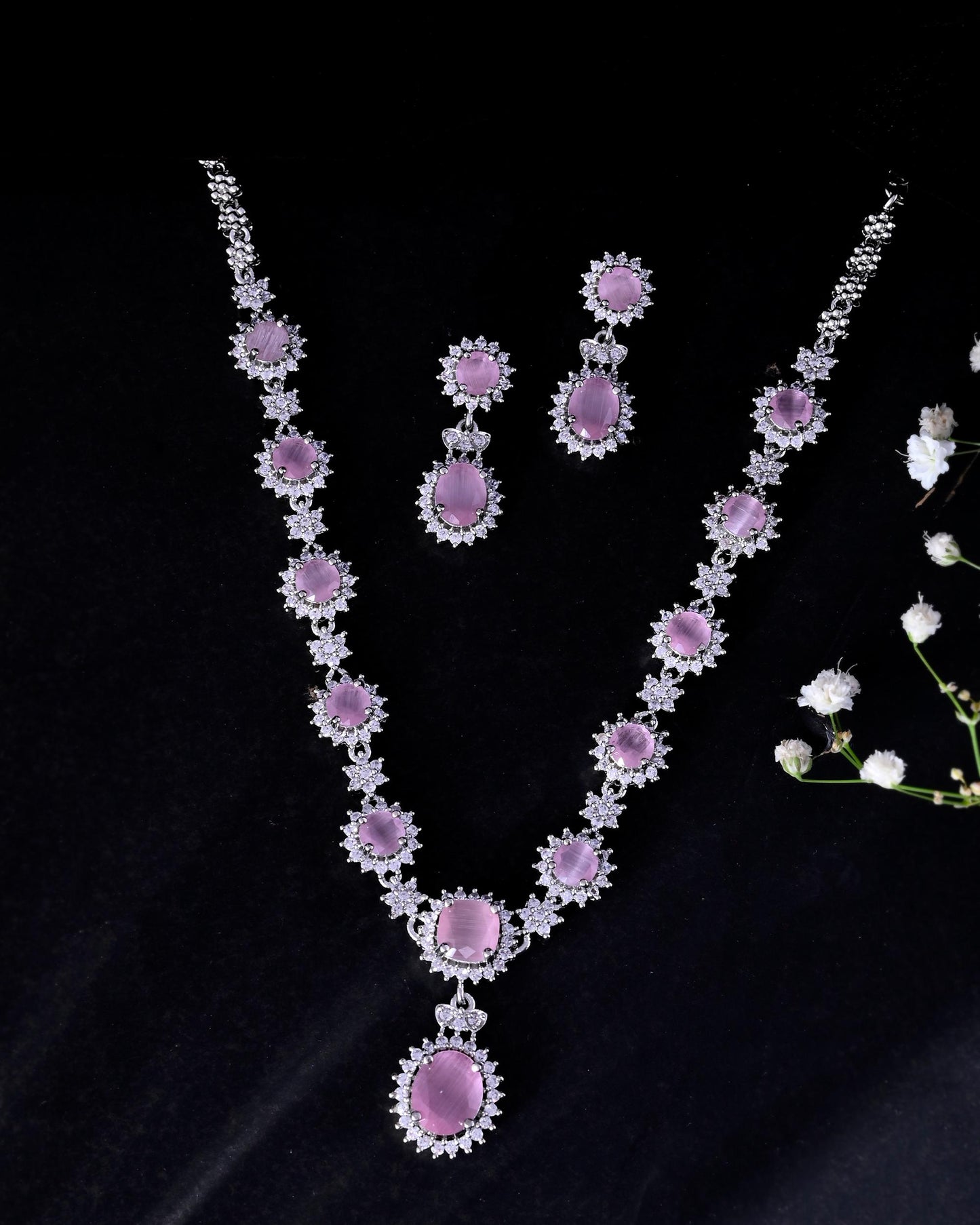 VOJ Baby Pink Ad Stone Studded Silver Plated Jewellery Set - Swadesiicart