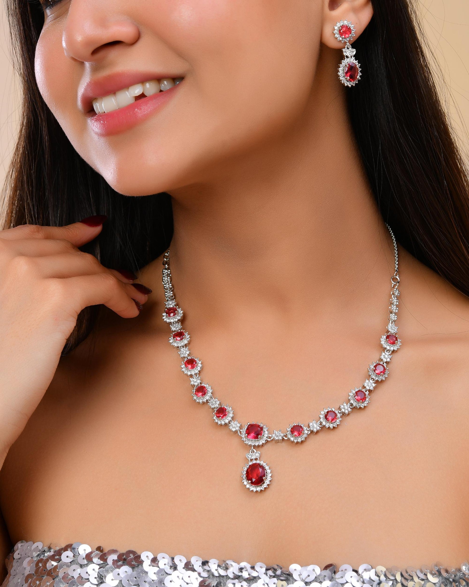 VOJ Silver Plated Red Ad Stone Studded Designer Jewellery Set - Swadesiicart