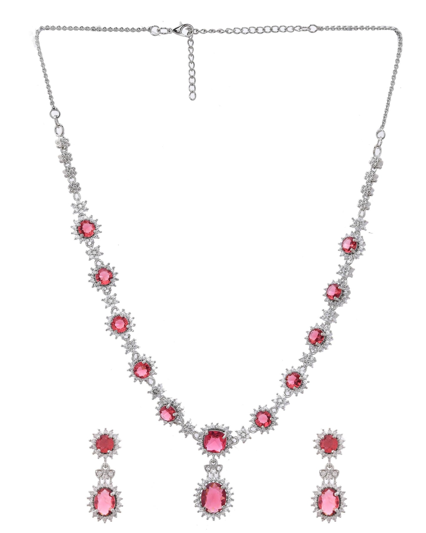 VOJ Silver Plated Red Ad Stone Studded Designer Jewellery Set - Swadesiicart