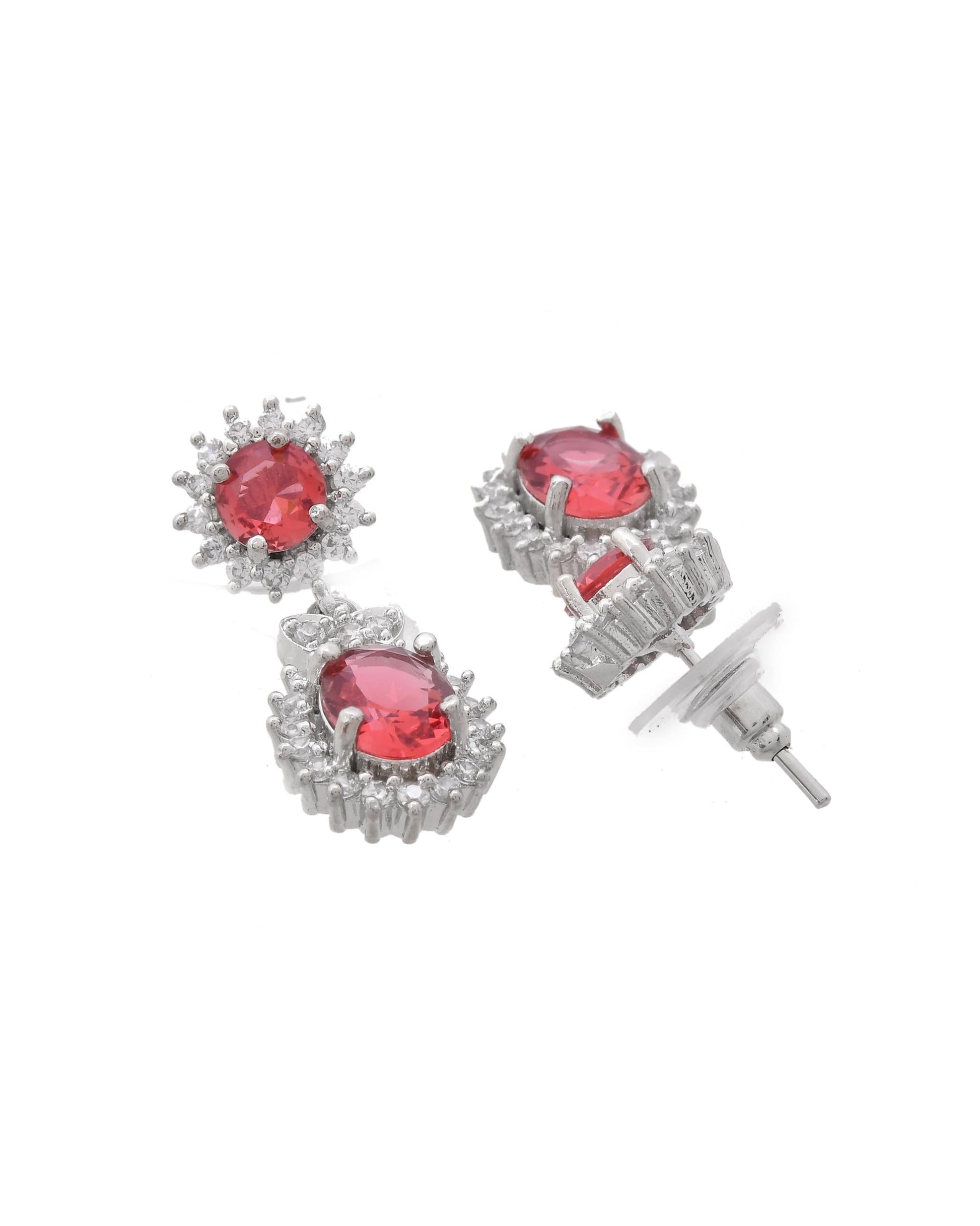 VOJ Silver Plated Red Ad Stone Studded Designer Jewellery Set - Swadesiicart