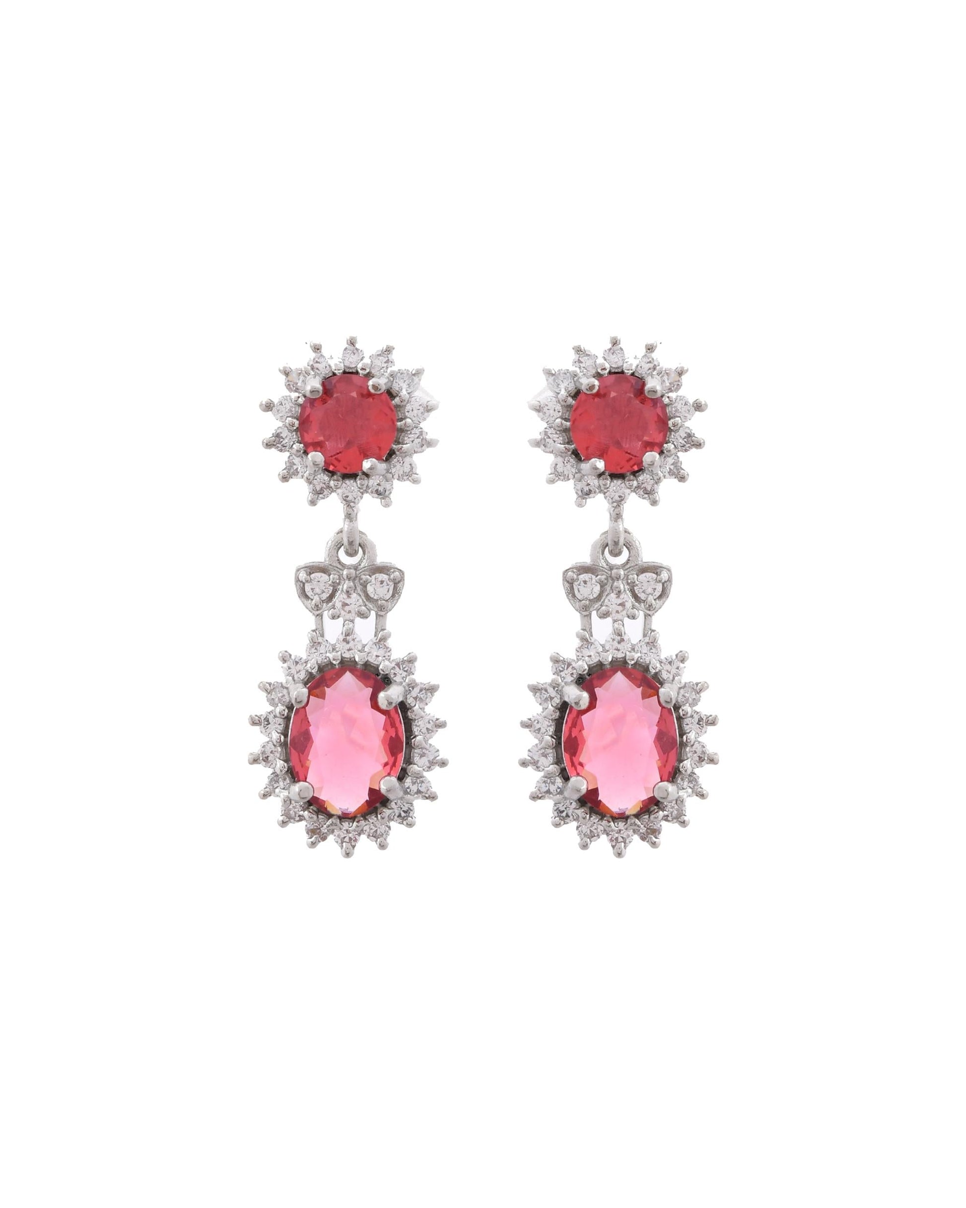 VOJ Silver Plated Red Ad Stone Studded Designer Jewellery Set - Swadesiicart