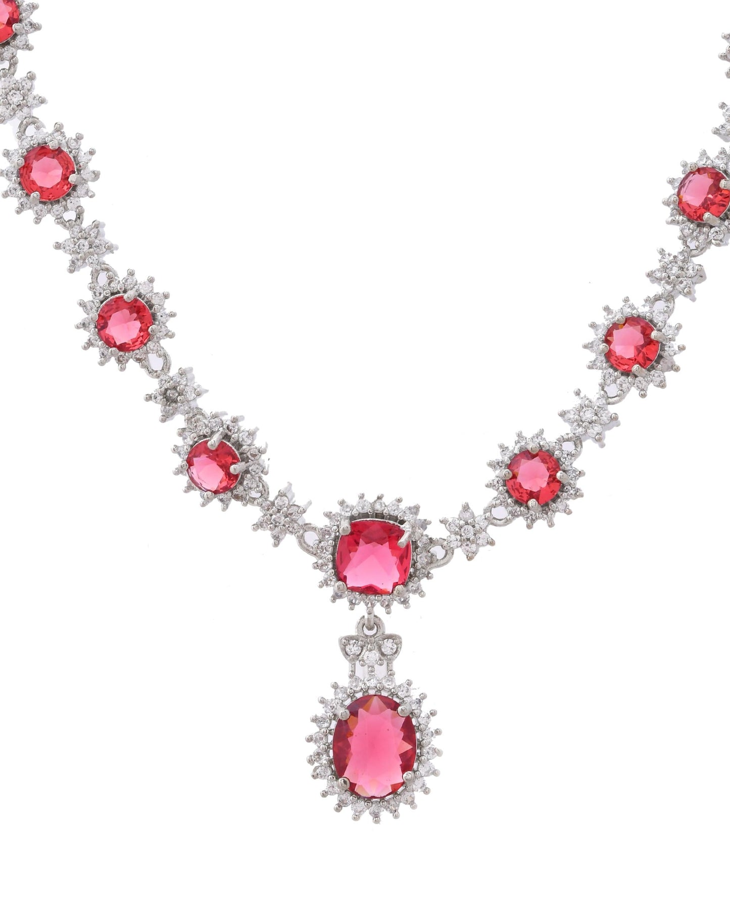 VOJ Silver Plated Red Ad Stone Studded Designer Jewellery Set - Swadesiicart