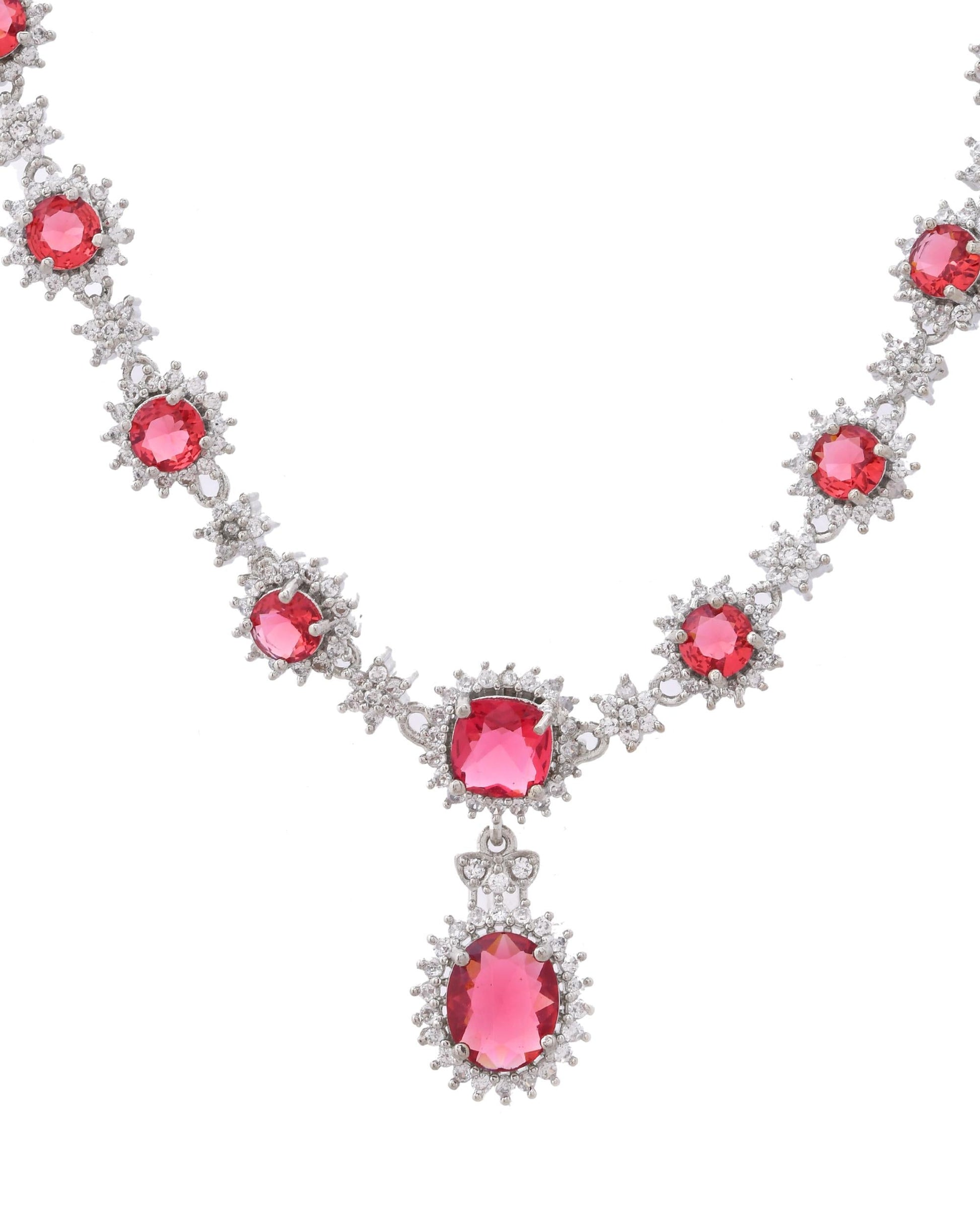 VOJ Silver Plated Red Ad Stone Studded Designer Jewellery Set - Swadesiicart