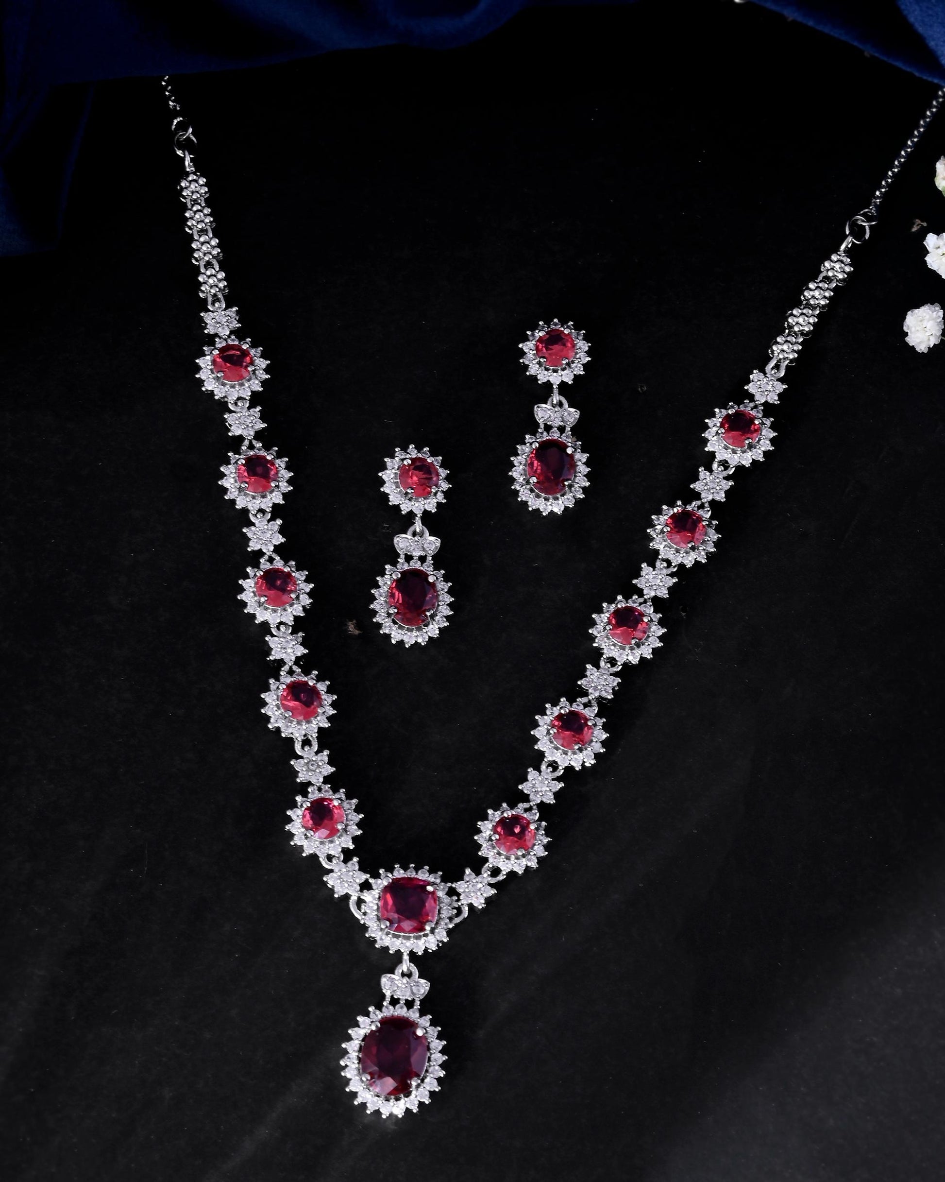 VOJ Silver Plated Red Ad Stone Studded Designer Jewellery Set - Swadesiicart