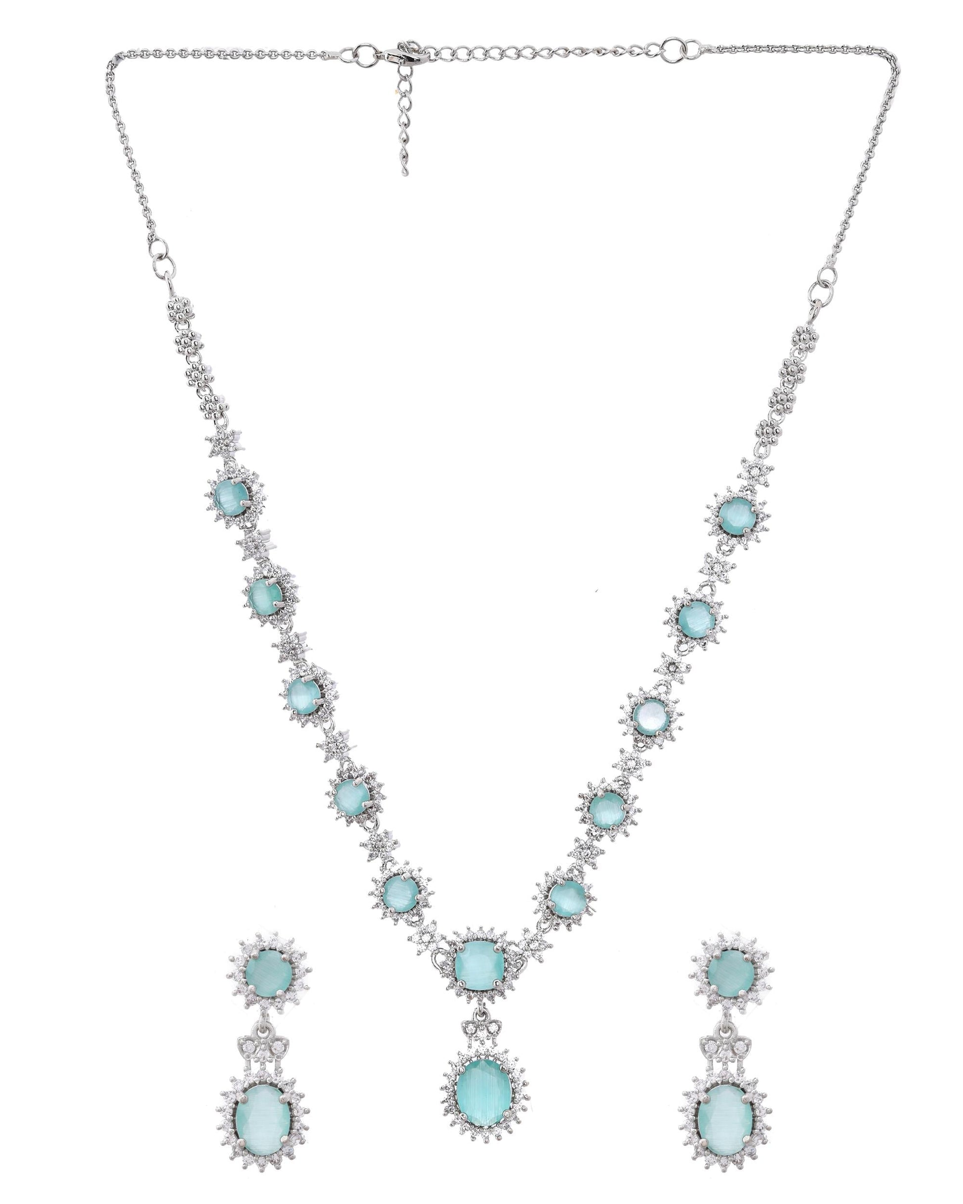 VOJ Silver Plated Sea Green Ad Studded Designer Jewellery Set - Swadesiicart