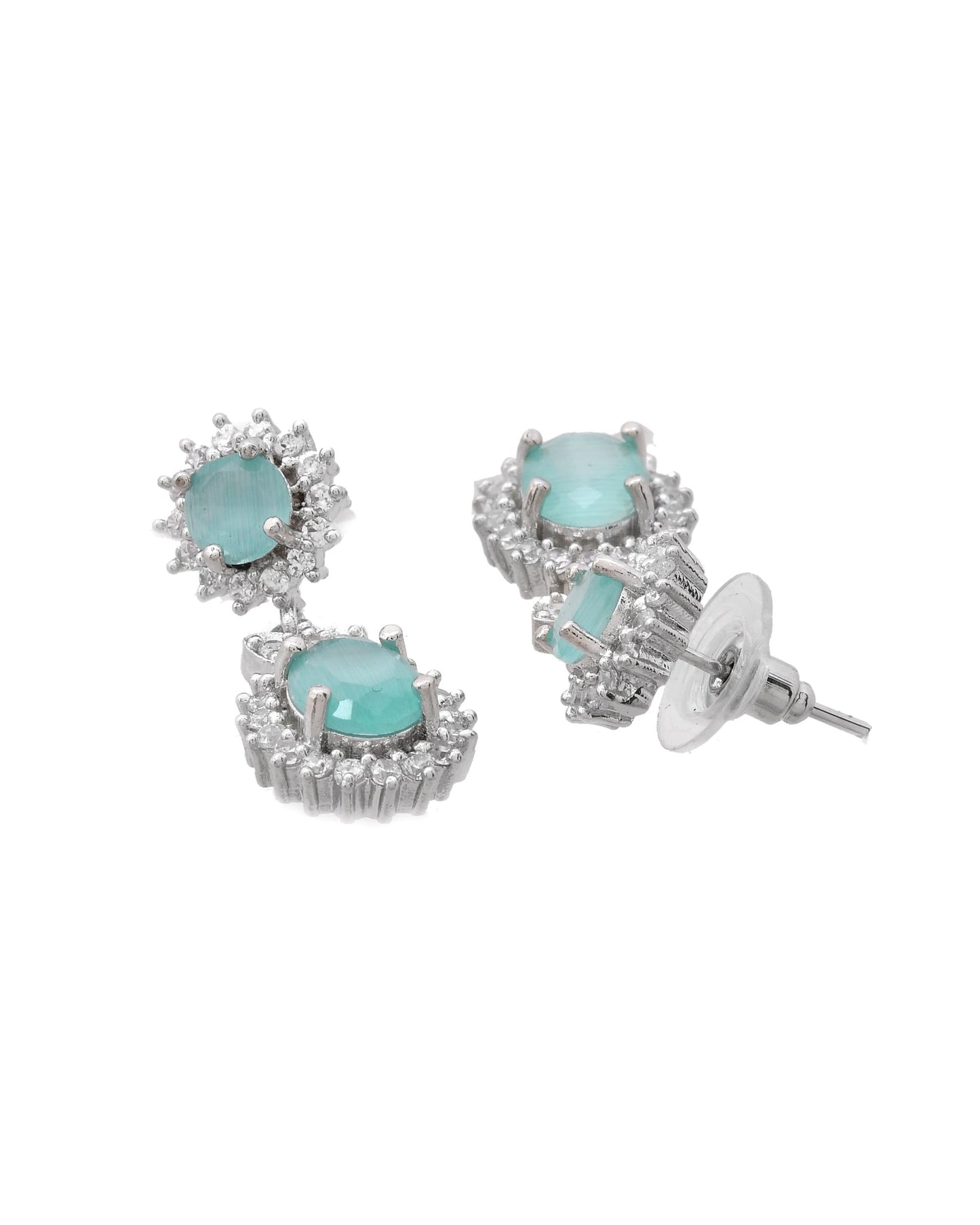VOJ Silver Plated Sea Green Ad Studded Designer Jewellery Set - Swadesiicart