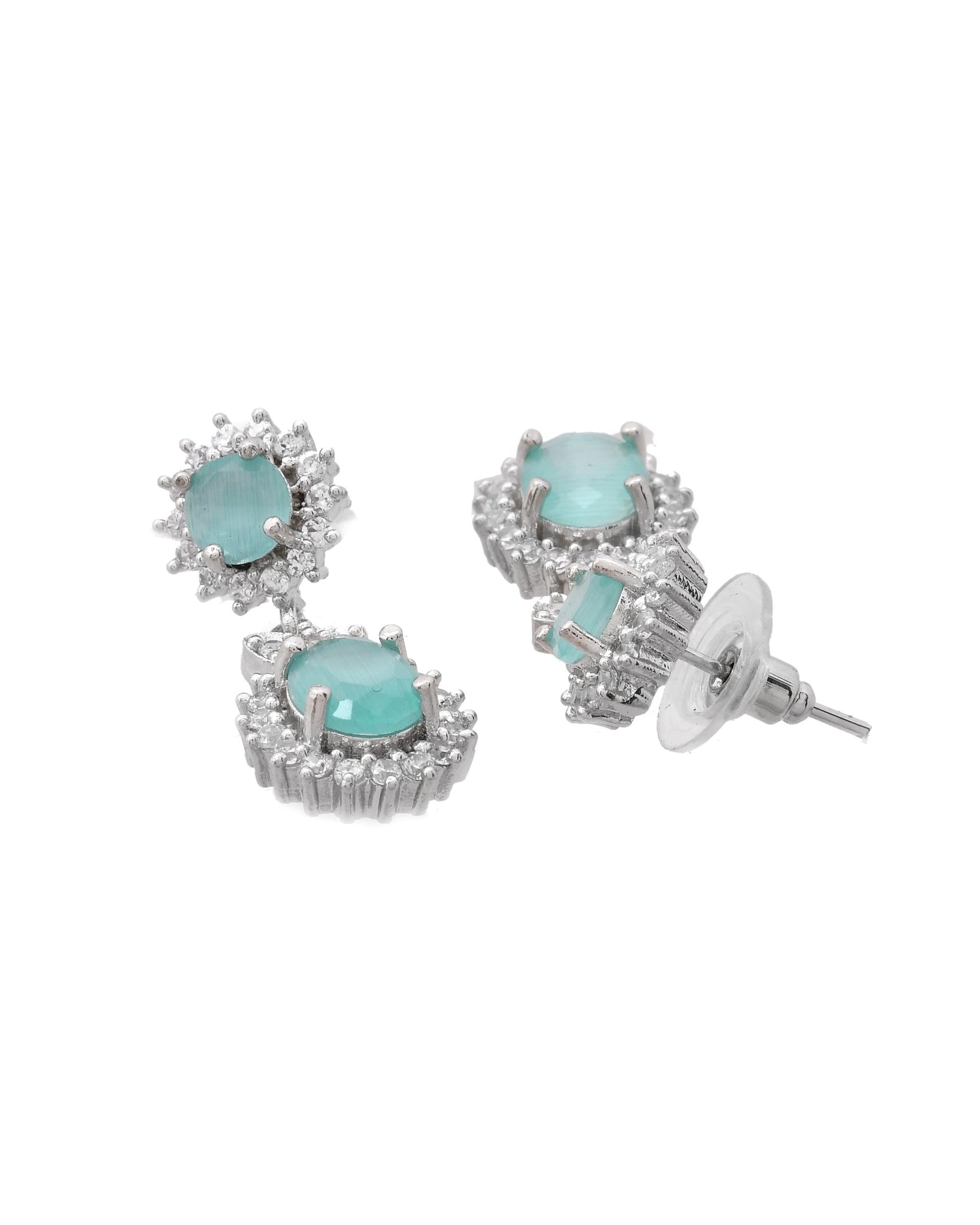 VOJ Silver Plated Sea Green Ad Studded Designer Jewellery Set - Swadesiicart
