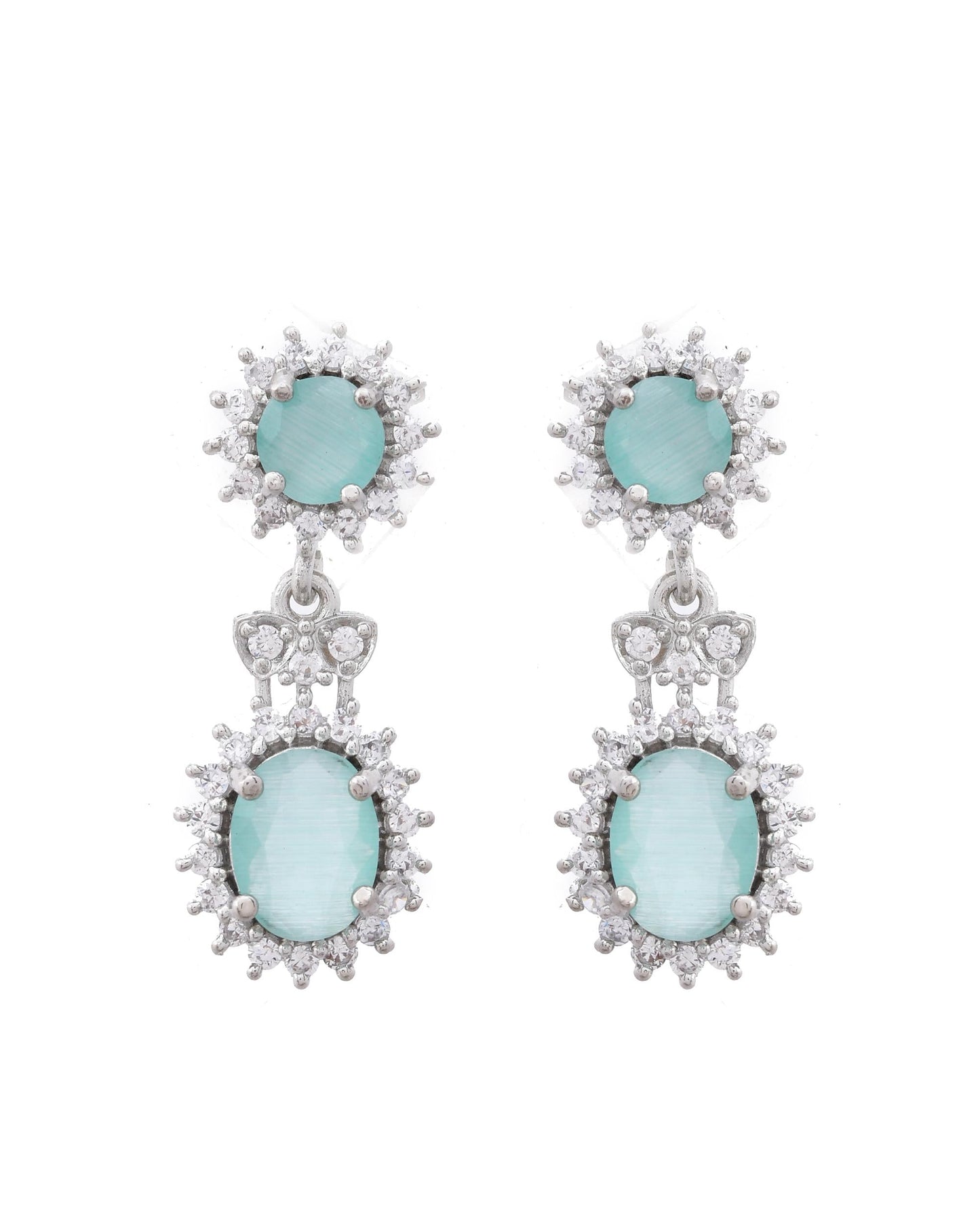 VOJ Silver Plated Sea Green Ad Studded Designer Jewellery Set - Swadesiicart