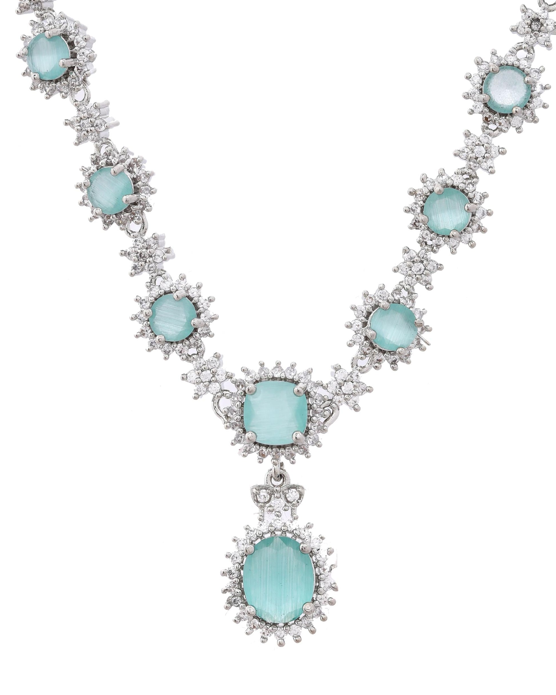 VOJ Silver Plated Sea Green Ad Studded Designer Jewellery Set - Swadesiicart