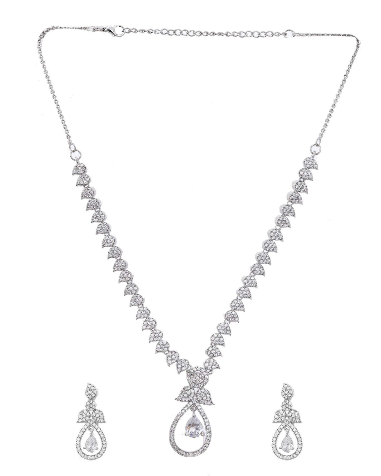 VOJ Silver Plated Ad Studded Designer Necklace With Earrings Set - Swadesiicart