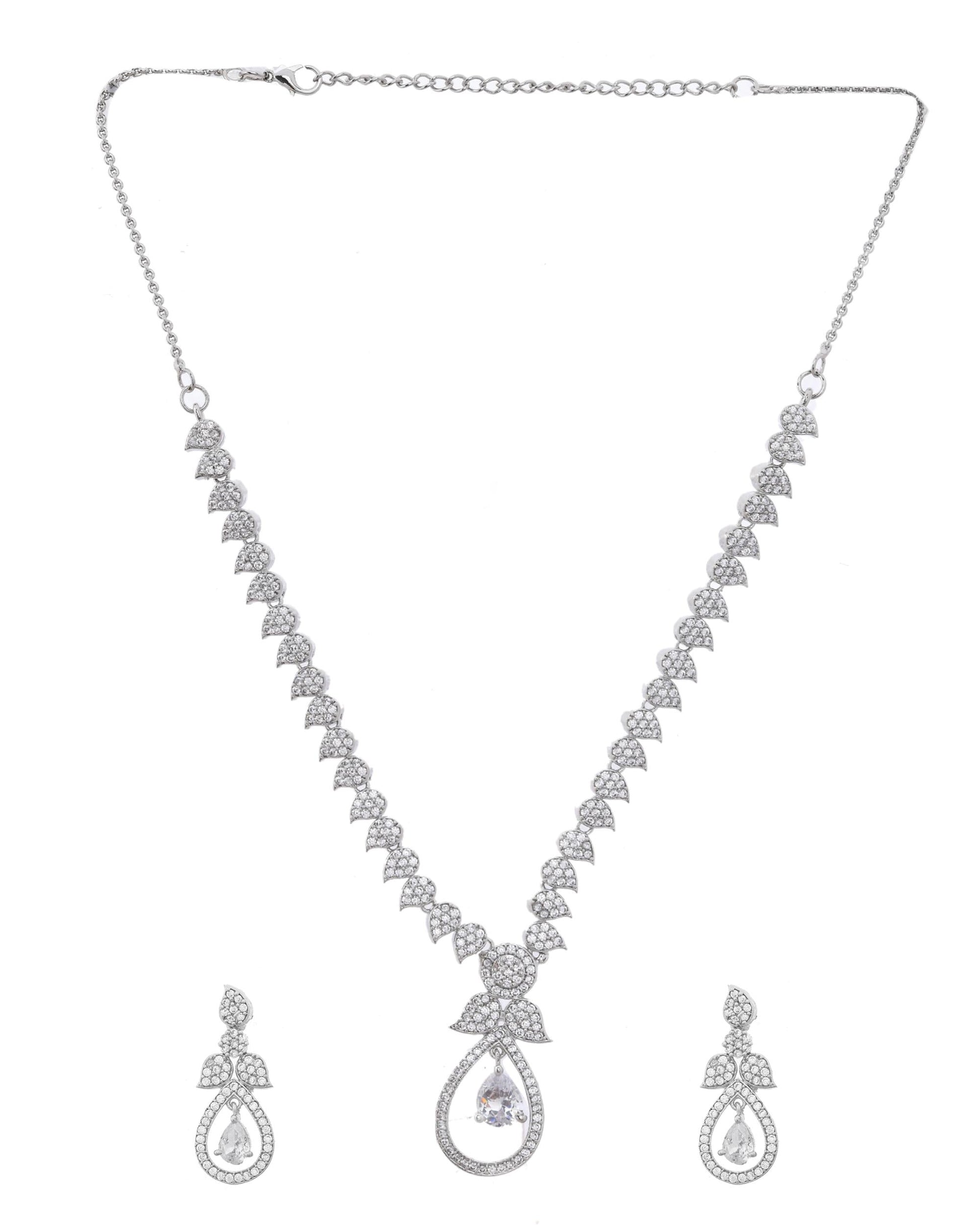 VOJ Silver Plated Ad Studded Designer Necklace With Earrings Set - Swadesiicart