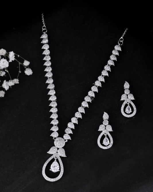VOJ Silver Plated Ad Studded Designer Necklace With Earrings Set - Swadesiicart