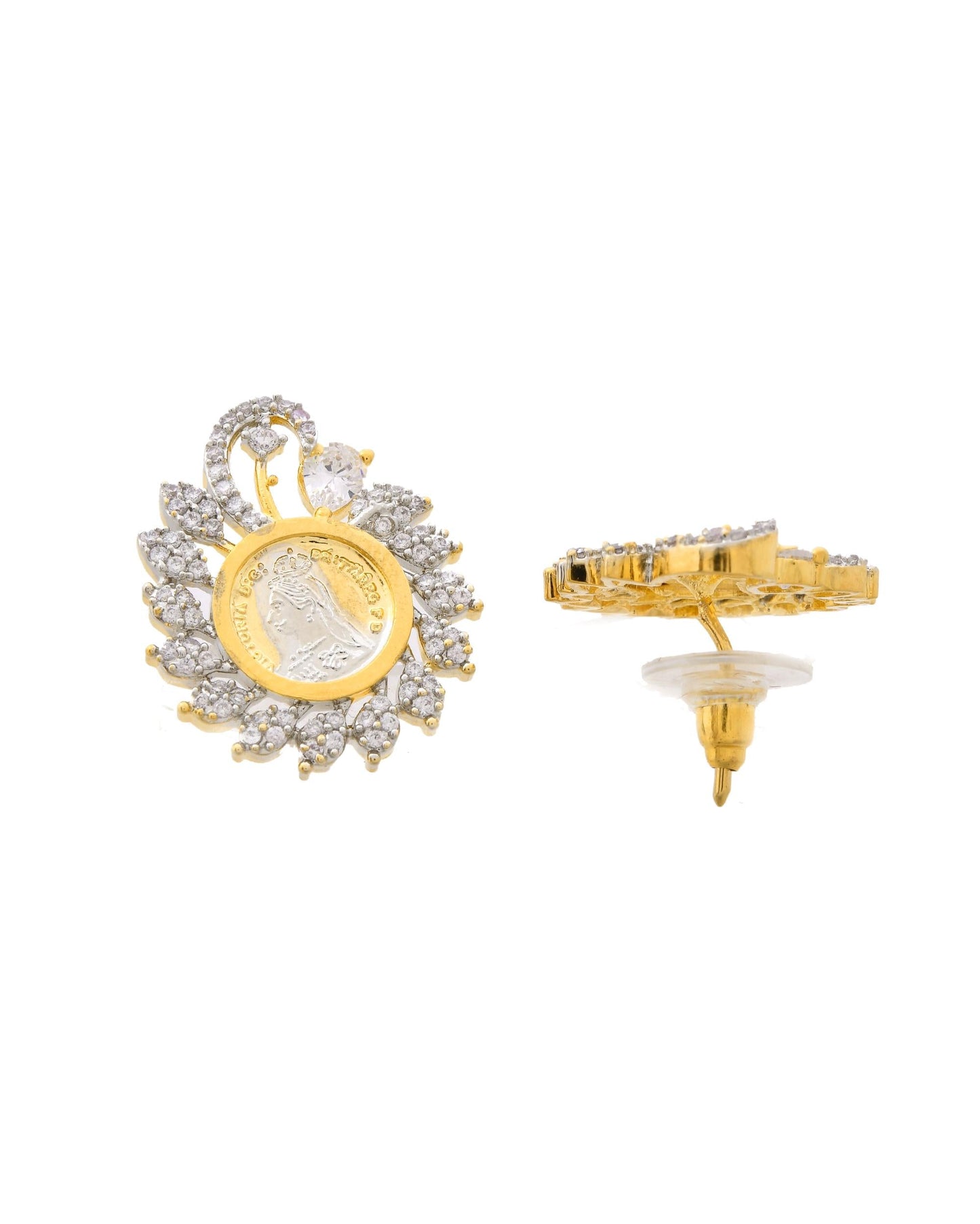 VOJ Dual Toned Ad-Studded Pendant With Chain And Earrings Set - Swadesiicart