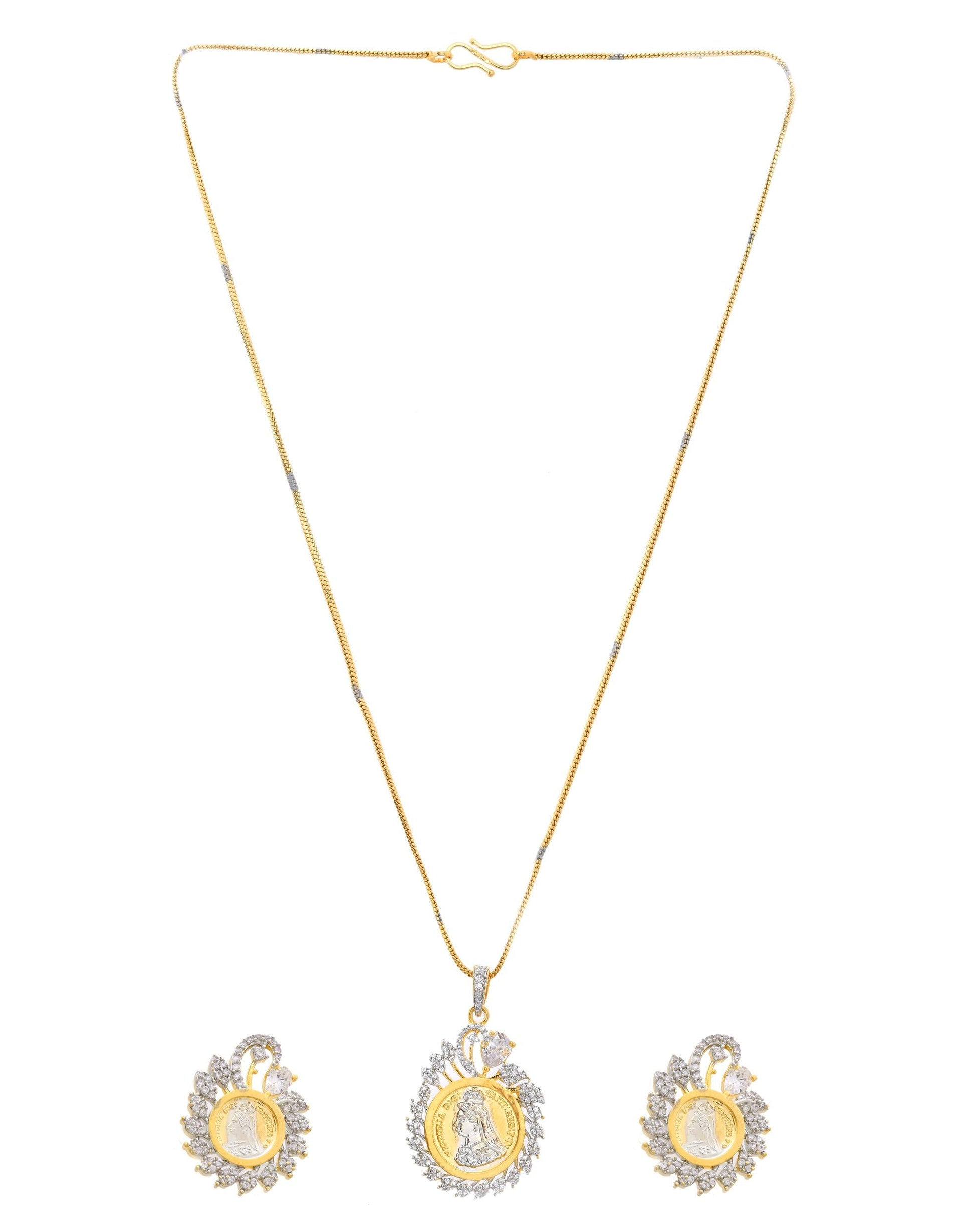 VOJ Dual Toned Ad-Studded Pendant With Chain And Earrings Set - Swadesiicart