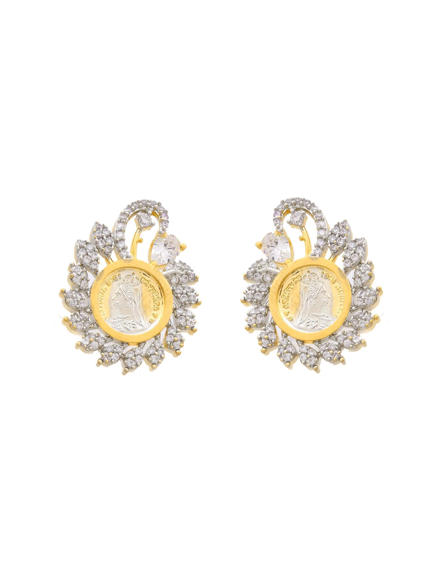 VOJ Dual Toned Ad-Studded Pendant With Chain And Earrings Set - Swadesiicart