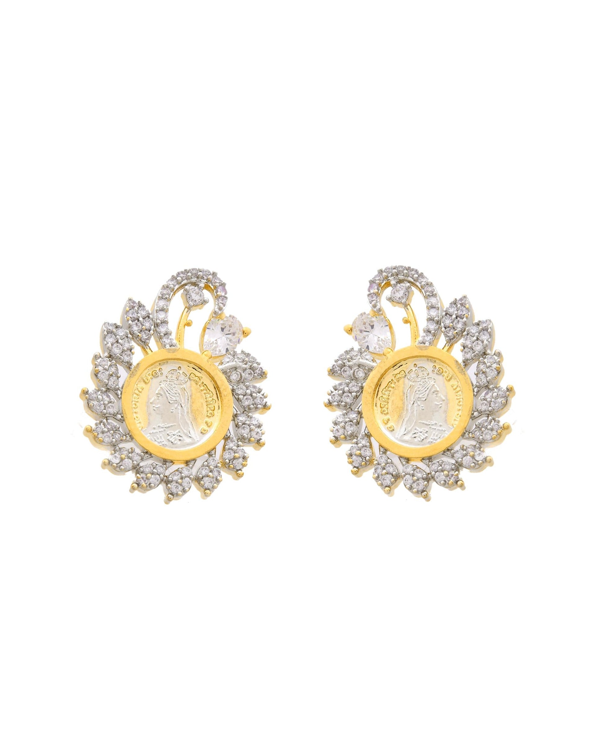 VOJ Dual Toned Ad-Studded Pendant With Chain And Earrings Set - Swadesiicart